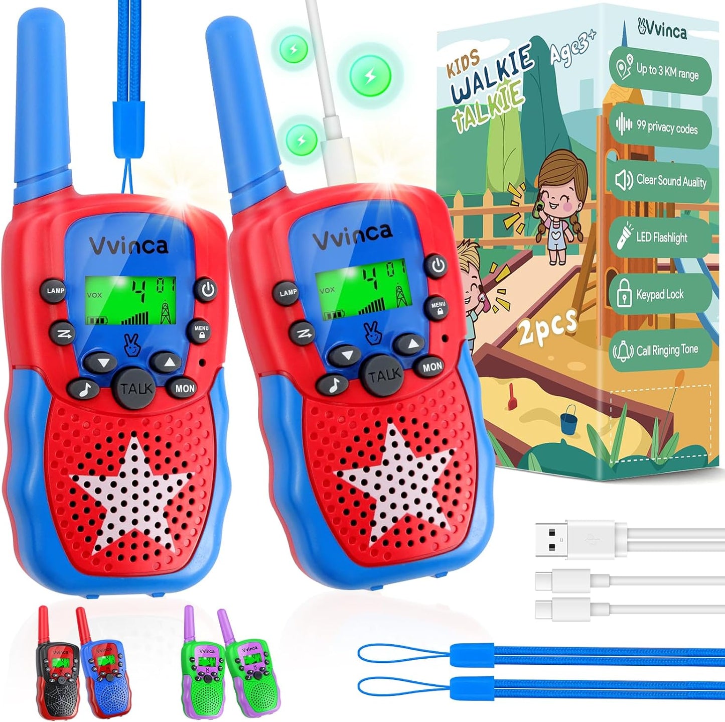 Vvinca Walkie Talkies for Kids Rechargeable, Spider Toys for Ages 3 4 5 6 7 8 9 10 Boys Girls Christmas Birthday Gifts for 3-12 Year Old, 2 Way Radio 22 CH VOX Long Range Walkie Talkie with Flashlight