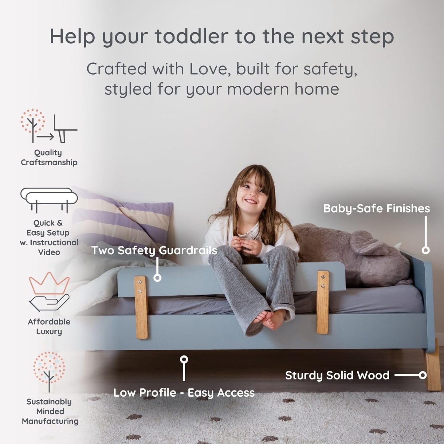 dadada Muse Blue Toddler Bed with 2 Removable Safety Rails. Low Profile Montessori Bed. Sturdy Solid Wood Frame, Fits Standard Crib Mattress, Easy to Assemble, Toddler Bed for Boys & Girls - Blue