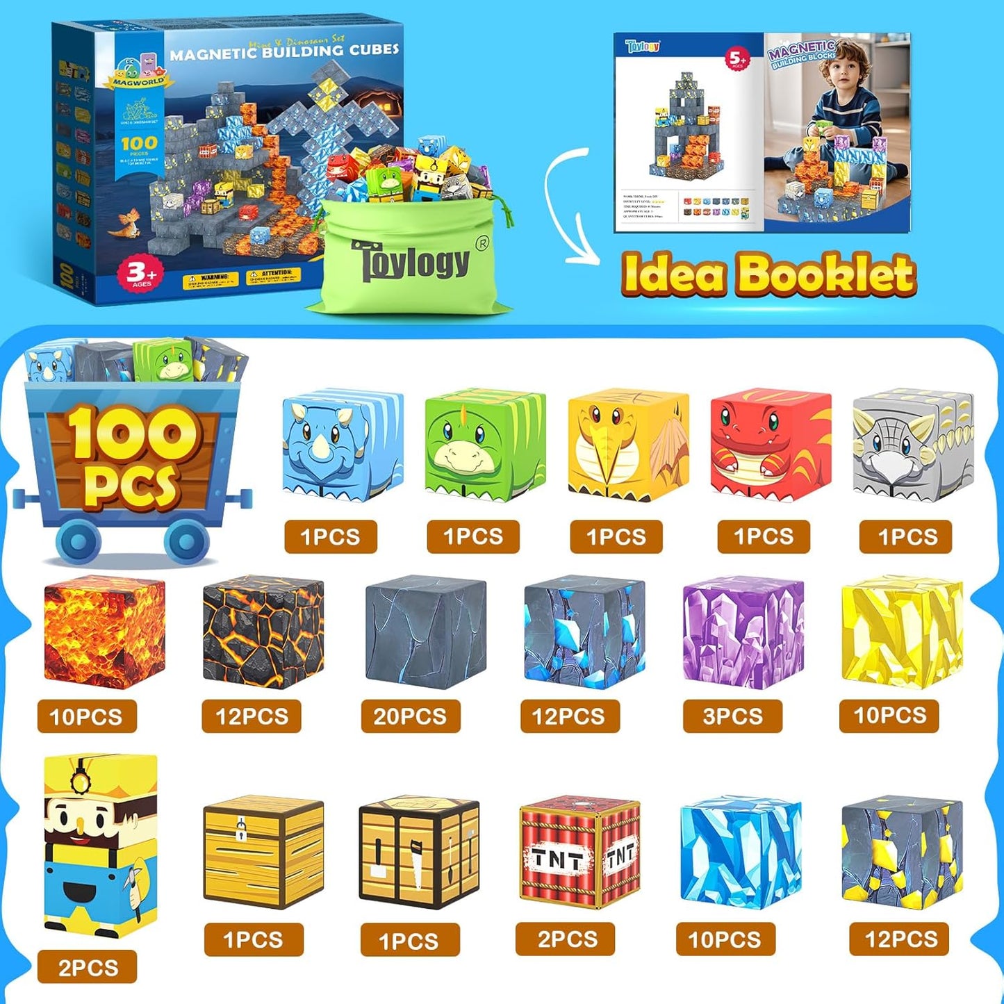 100PCS Magnetic Blocks-Build Mine Magnet World Jurassic Sword Dinosaur Toys Building Blocks for Boys Girls Ages 3-5 5-7, Classroom Must Haves Stem Education Sensory Kids Toys Christmas Birthday Gifts