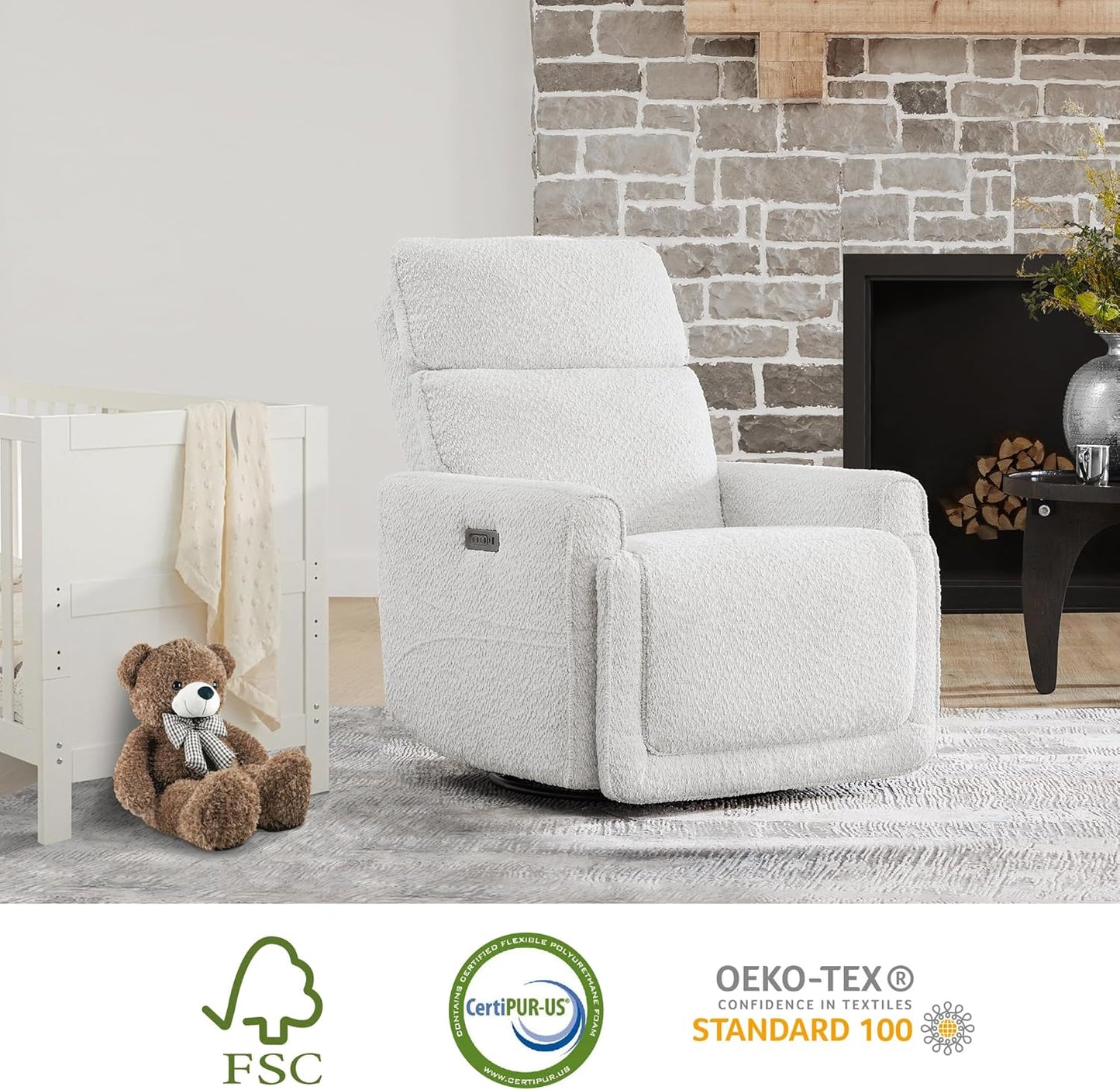 CHITA Electronic Power Recliner Chair Swivel Glider, FSC Certified Modern Nursery Rocking Chair with USB and Type-C Ports, Boucle White
