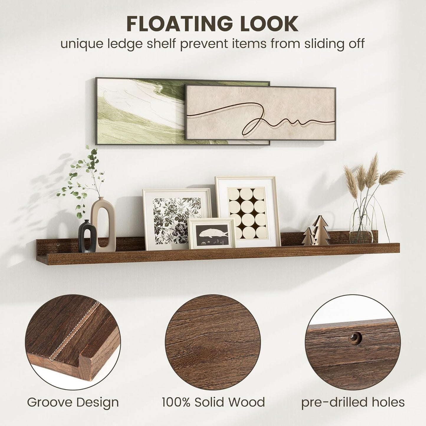 Fun Memories Picture Ledge Shelf, 36 Inch Floating Shelves for Wall, Nursery Bookshelf for Storage, Rustic Elm Wood Photo Ledge Shelves for Bedroom, Living Room, Kitchen (Walnut, 36in Set of 2)