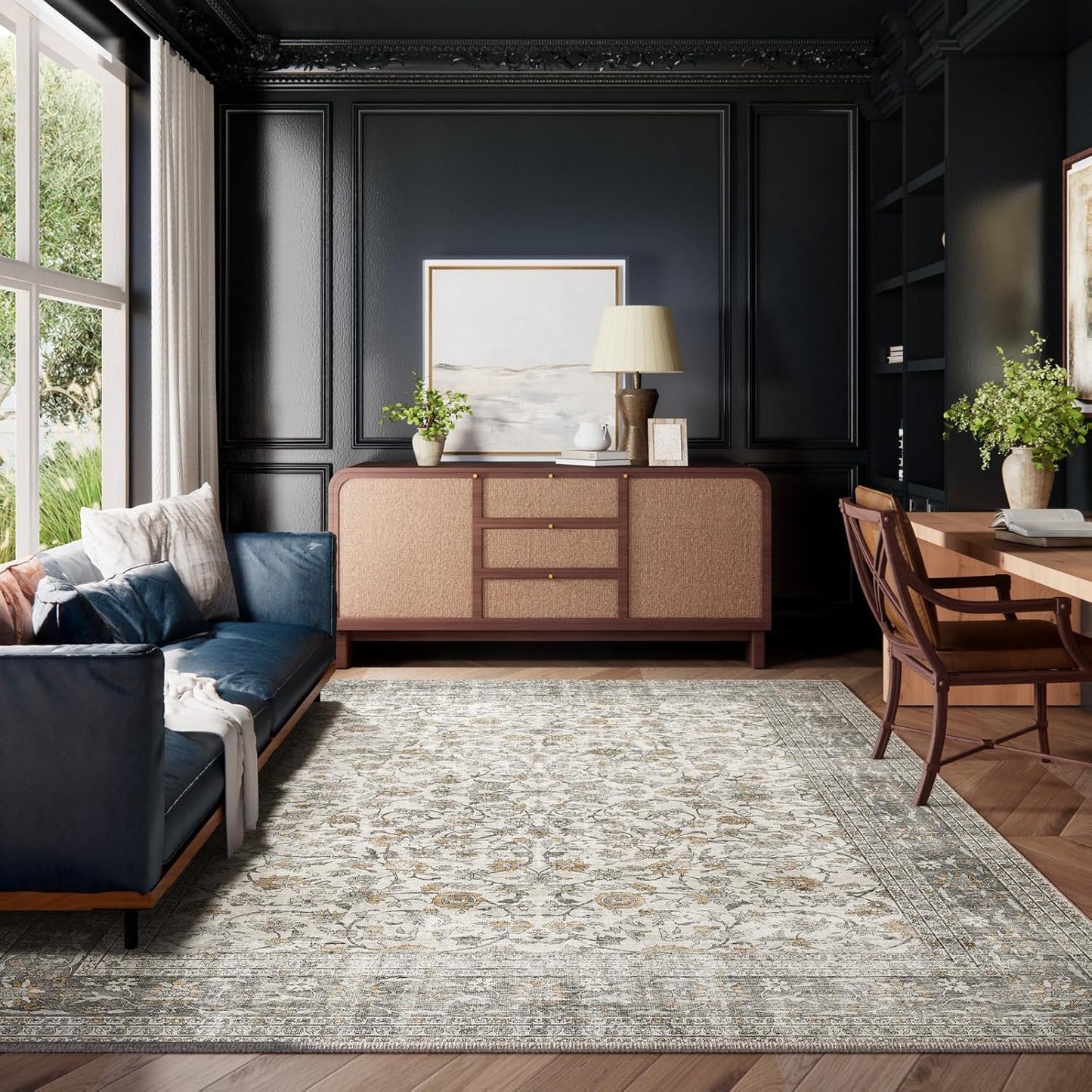 Machine Washable Rugs for Living Room: 6x9 Area Rugs for Bedroom Vintage Stain Resistant Non Slip Low Pile Soft Boho Carpet for Kitchen Dining Room Farmhouse Kids Room Nursery