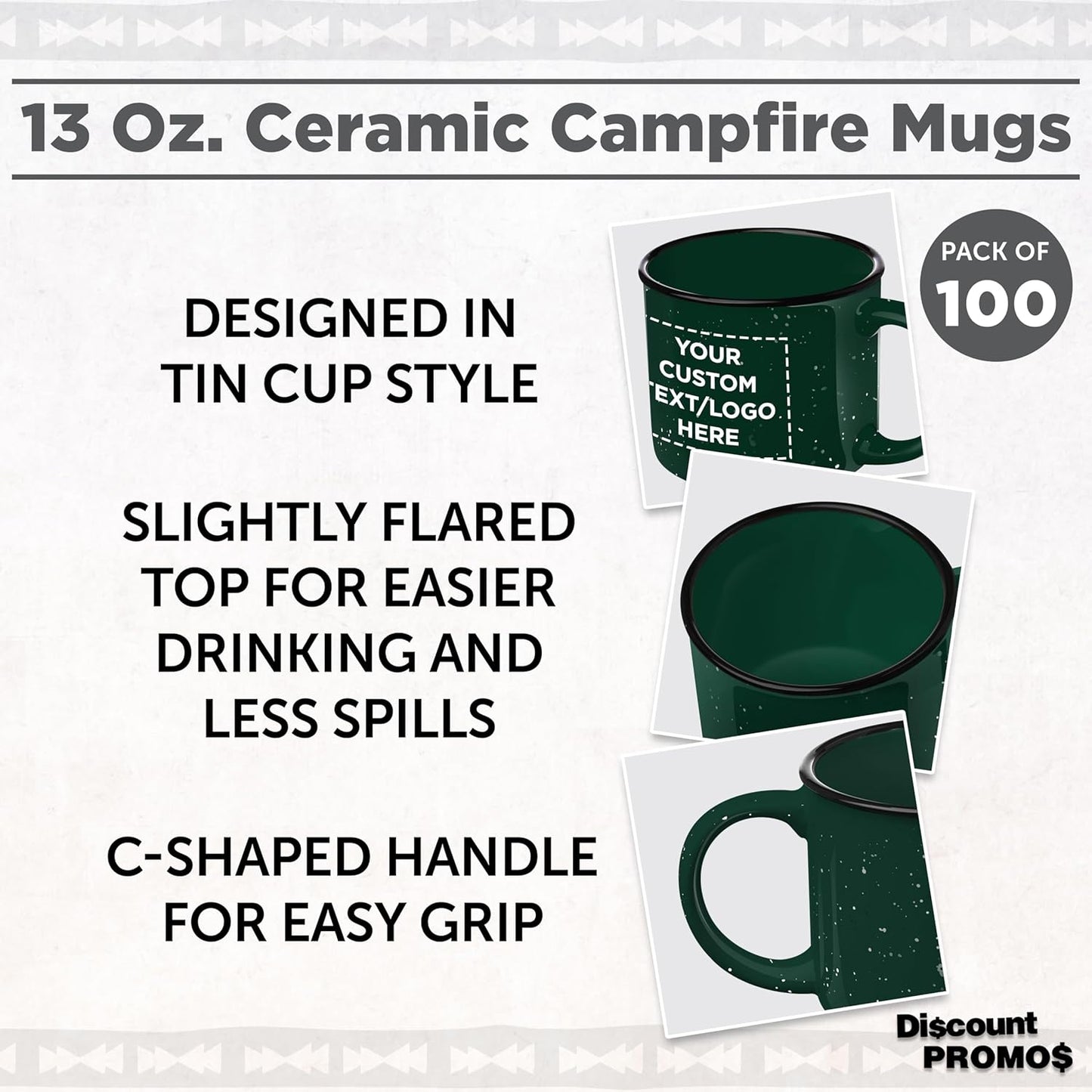 DISCOUNT PROMOS Custom Ceramic Campfire Coffee Mugs 13 oz. Set of 100, Personalized Bulk Pack - Perfect for Tea, Espresso, Cappuccino, Hot Cocoa - Green