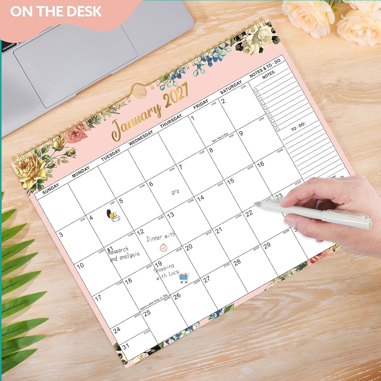 Wall Calendar 2026-2027, 18 Month Large Desk Calendar from January 2026 to June 2027 14.5" x 11.8" Monthly Calendar with Twin-Wire Binding for Home Office Planning Organisers, Flower Design