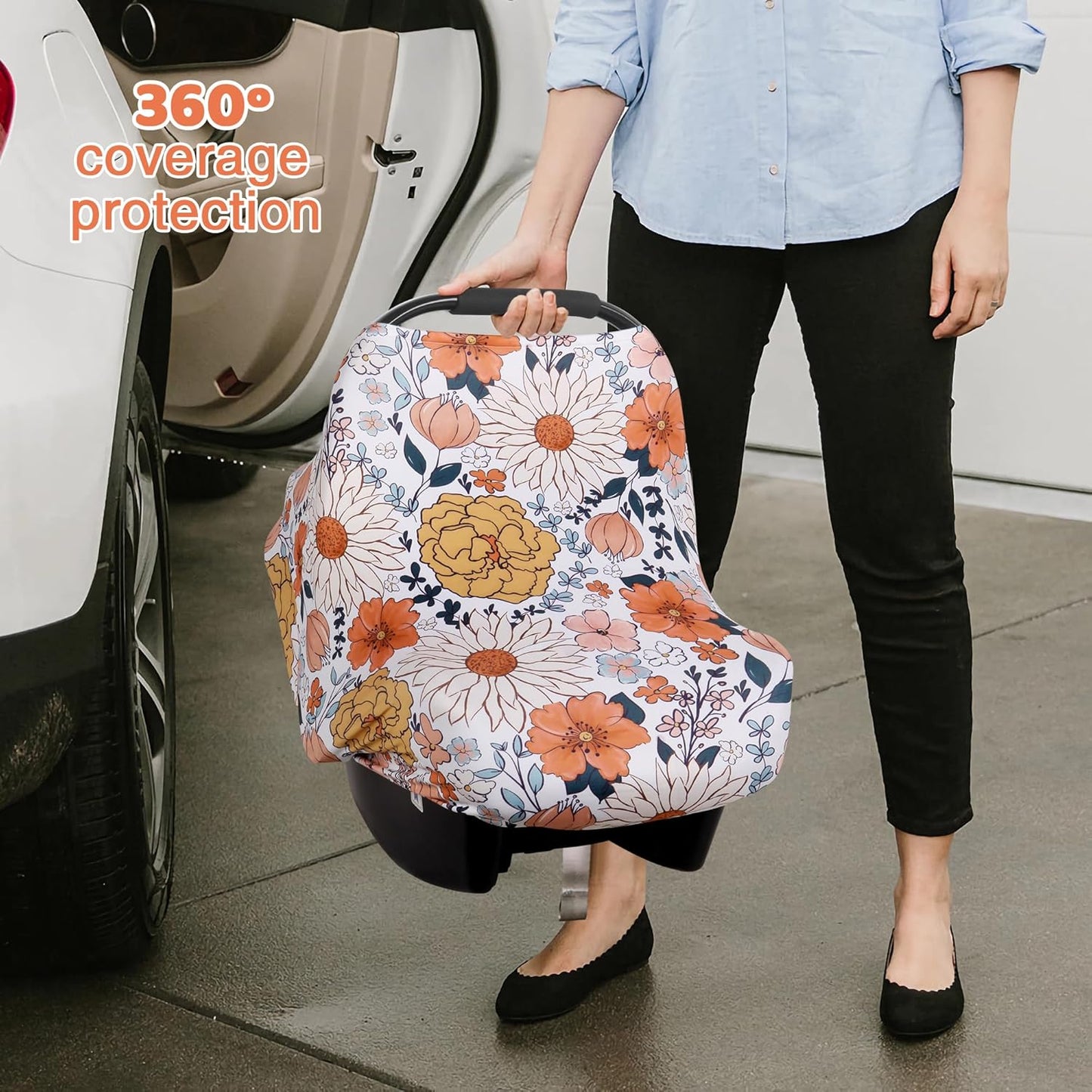 Rquite All-in-1 Car Seat Cover Baby, Carseat Covers for Girl Boy, Stretchy Soft Infant Car Seat Cover, Multi-use Baby Carrier Cover, Car Seat Canopy, Stroller Sun Shade, Nursing Breastfeeding Cover