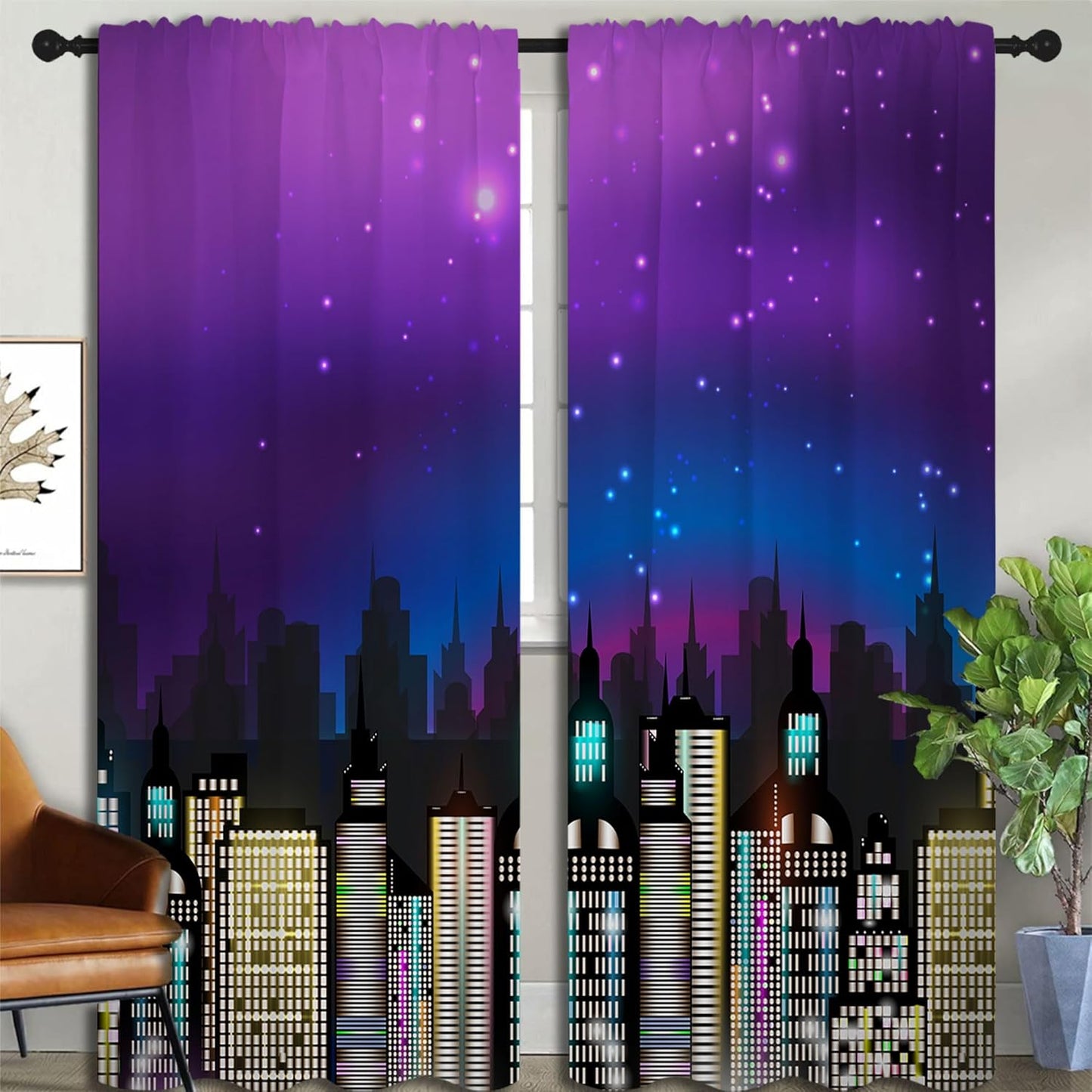 Superhero Rod Pocket Blackout Curtains for Boy Girl Bedroom, Super City Skyline Buildings Night Panorama Home Energy Efficient Light Filtering Window Curtain for Living Room, 84x84 inch