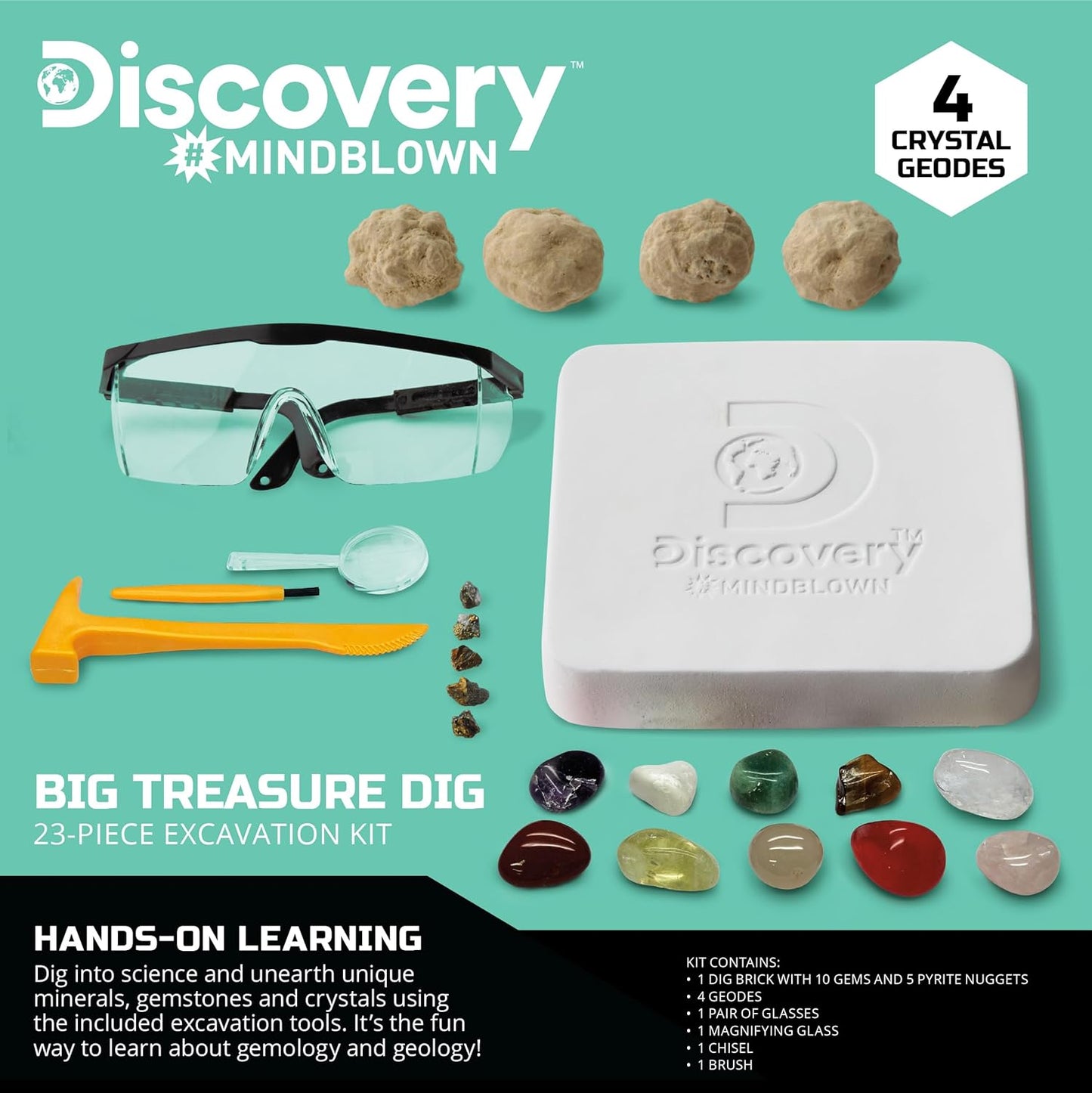 Discovery™ Big Treasure Dig STEM Kit – 23-Piece Excavation Set for Kids| Dig for 15 Gemstones, 4 Crystal Geodes & Pyrite Nuggets| Real Tools| Educational Geology Toy| Science Activity Gift| Ages 8+