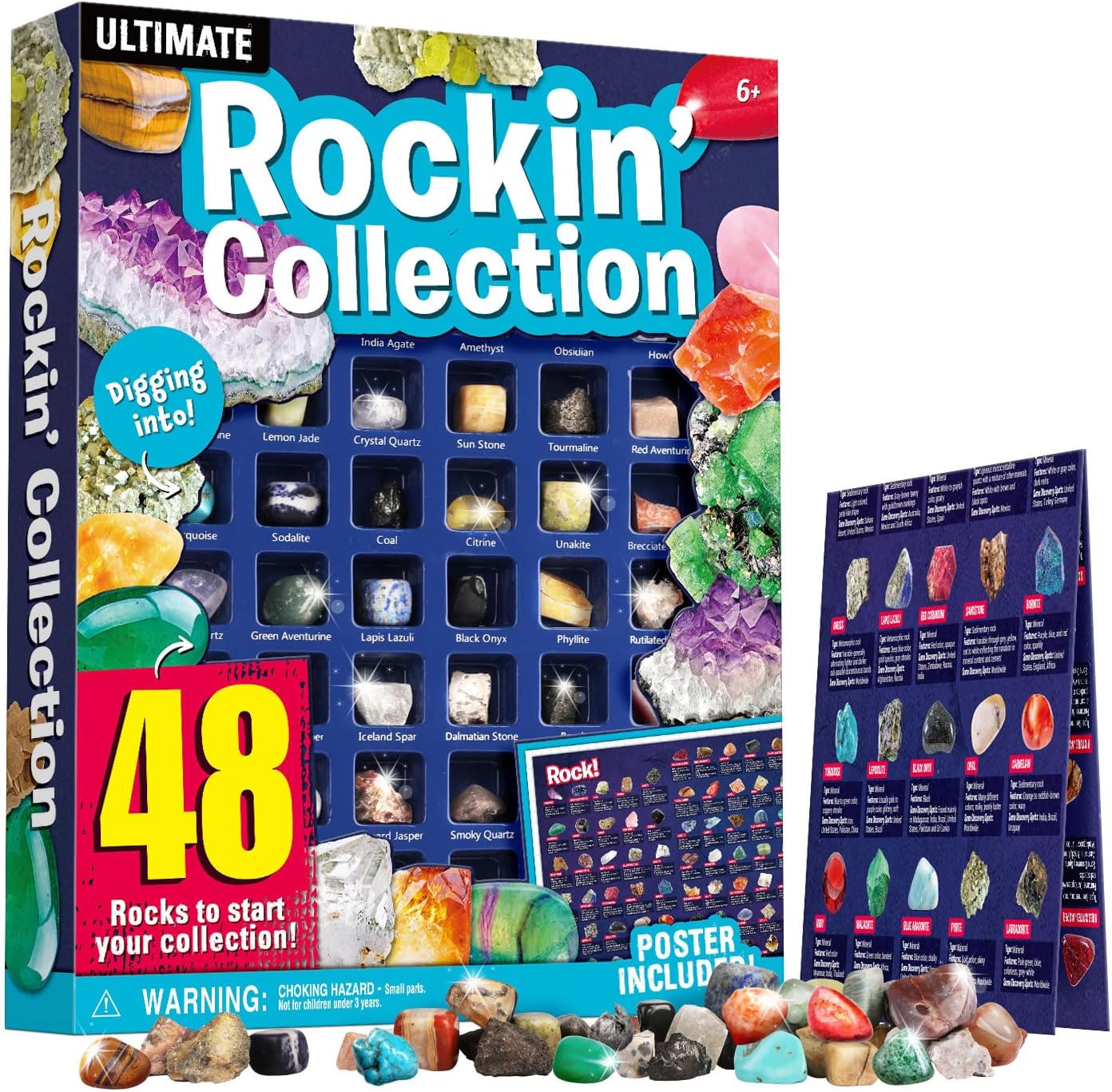 XXTOYS Rocks Collection 48 PCS Rock and Mineral Education Set Gemstones for Kids Geology Gem Kit with Tiger’s Eye Rose Quartz Red Jasper and More Identification Guide STEM Science Education