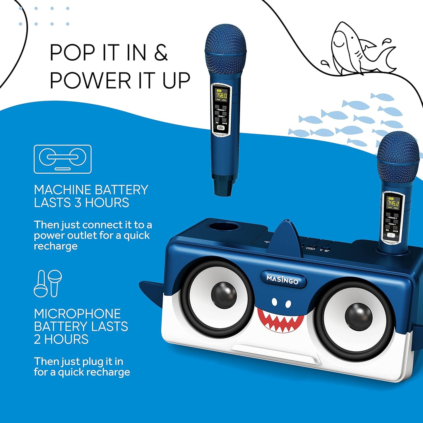MASINGO Shark Karaoke Machine for Kids, Children and Toddlers with 2 Wireless Bluetooth Microphones, Portable PA Speaker Includes Lyrics Display Phone Holder, TV Cable and Singer Vocal Removal Mode