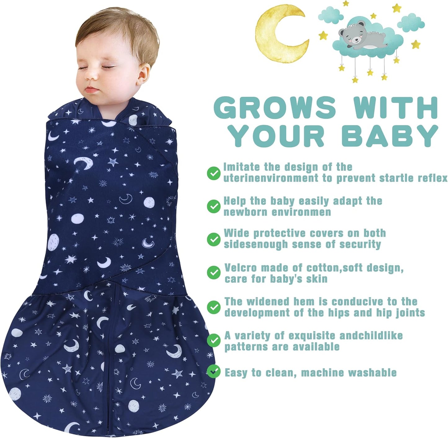 Newborn Sleep Sack Baby Swaddle,Swaddle me 3-6 Month,3-Way Adjustable Wearable Blanket,100% Rayon Cotton Swaddling Sleeping Bag，TOG 0.5 (Starry Sky, 3-6 Months)