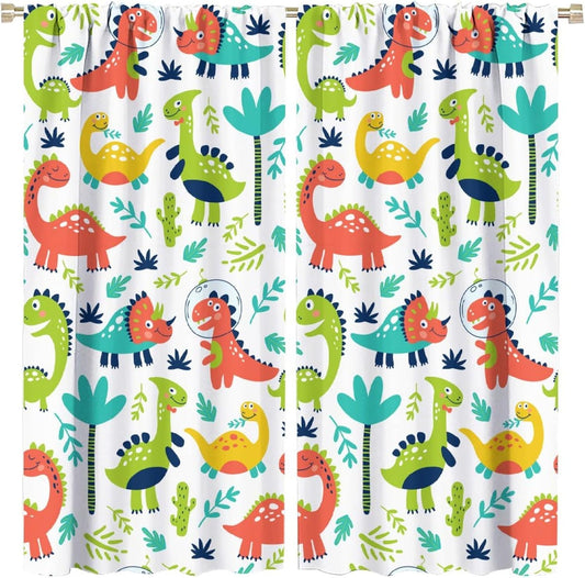Rustic Dinosaurs Curtains Colorful Dino Kids Boys Cartoon Cute Cool Funny Decor Printed Blackout Rod Pocket Window Drapes for Living Room Bedroom W26xL84in 2 Panels