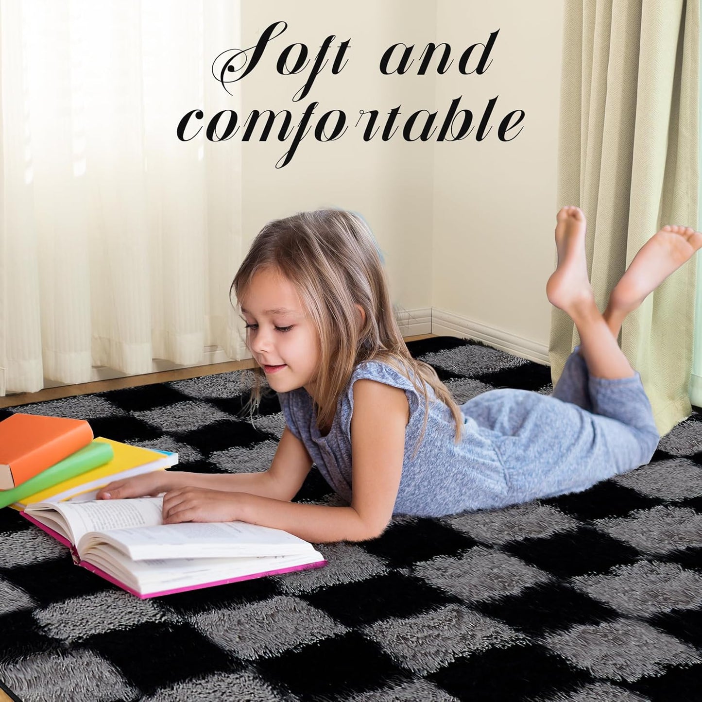 Super Soft Rug for Bedroom, 4x6 Ft Grey and Black Area Rug Classic Checkered Shaggy Rug Anti-Skid High Pile Soft Fluffy Fuzzy Carpet for Living Room Bedroom Kids Room Nursery, Dorm Home Decor