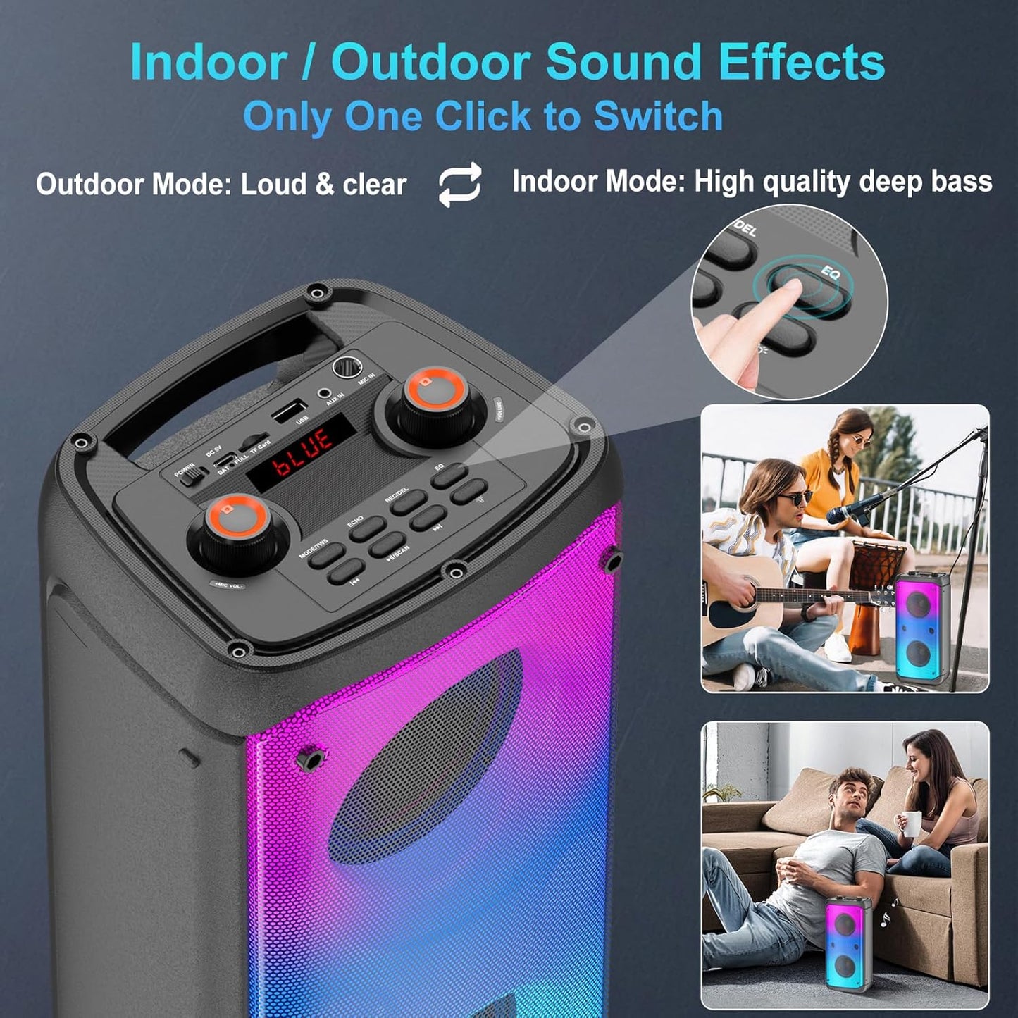 Bluetooth Speaker, 80W Peak Wireless TWS Portable Outdoor Party Speakers with Subwoofer, Deep Bass, LED Colorful Lights, Loud Stereo Sound Boombox with Radio for Home, Camping, Travel