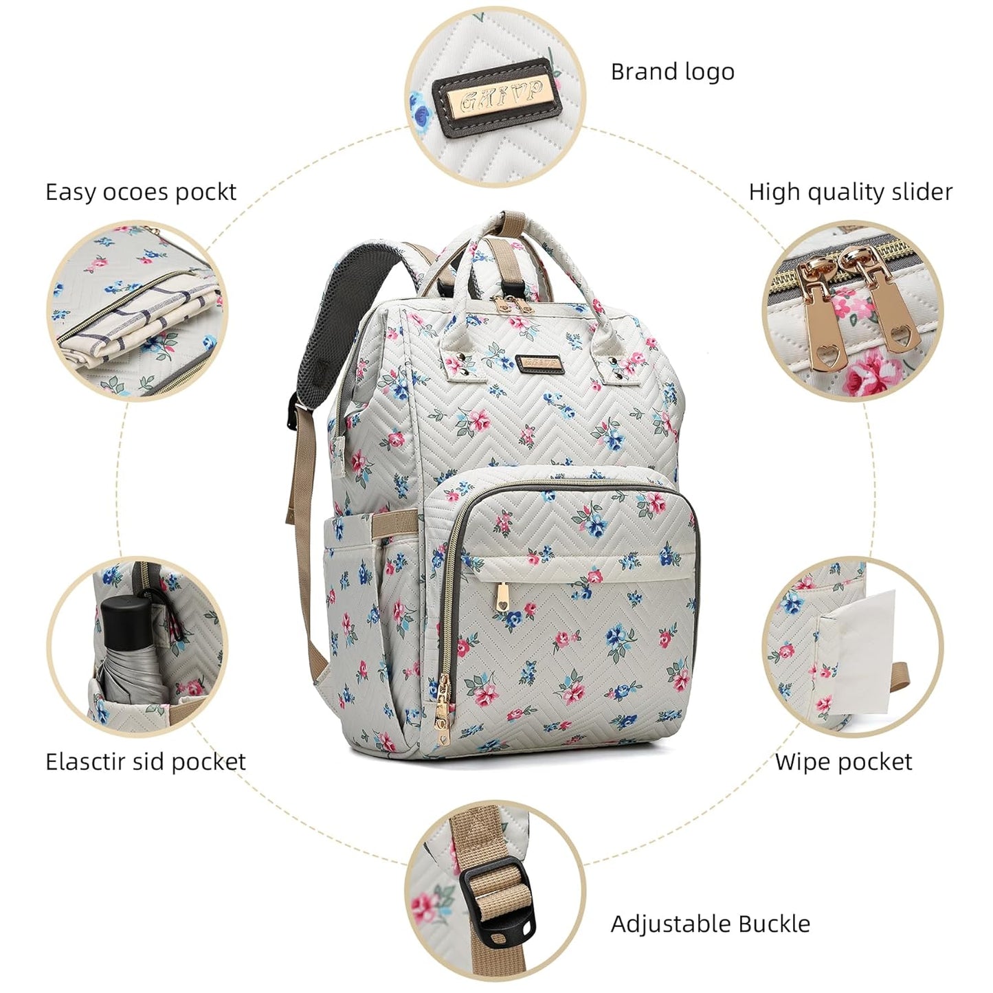 Diaper Bag Backpack, Diaper Bags for Baby Girls Boys, Baby Bags for Moms Dads, Nappy Changing Bag with Insulated Pockets,Multi-functional Waterproof Backpack with Stroller straps-Beige Flowers