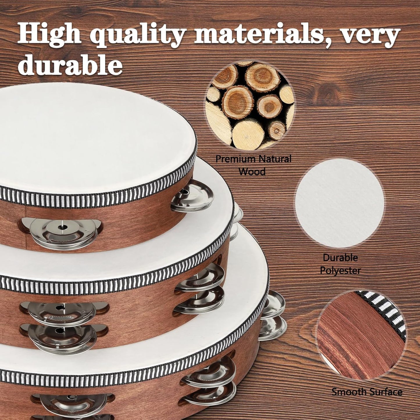 Wooden Hand Held Percussion Tambourine with Storage Bag - 6+8+10 Inches, Ideal for Church, Wedding, Party, Dance, Photo Shoot