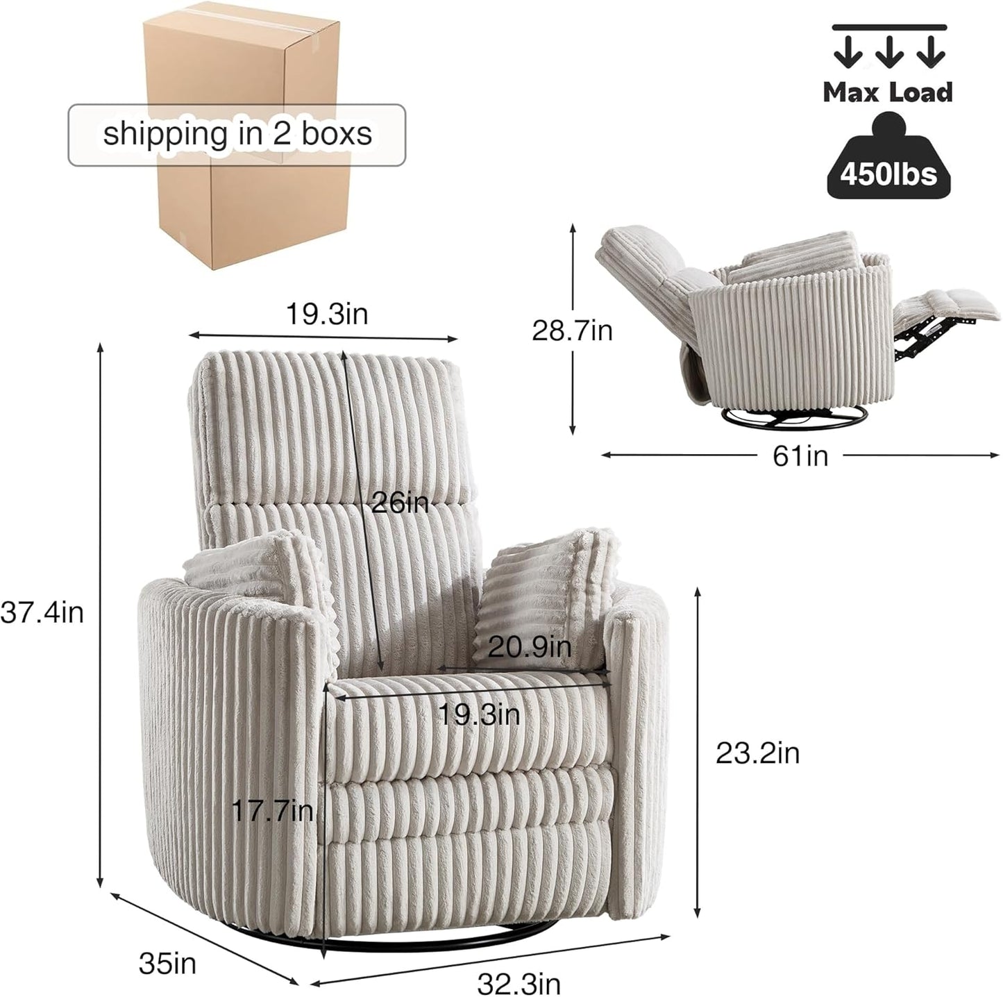 Recliner 360°Swivel Glider Rocking Manual Multifunction with Upholstered Nursery Adult Recliner Rocking Chair with 2 Pillows for Living Room Bedroom(LIGHTGREY Corduroy, Manual Operation)