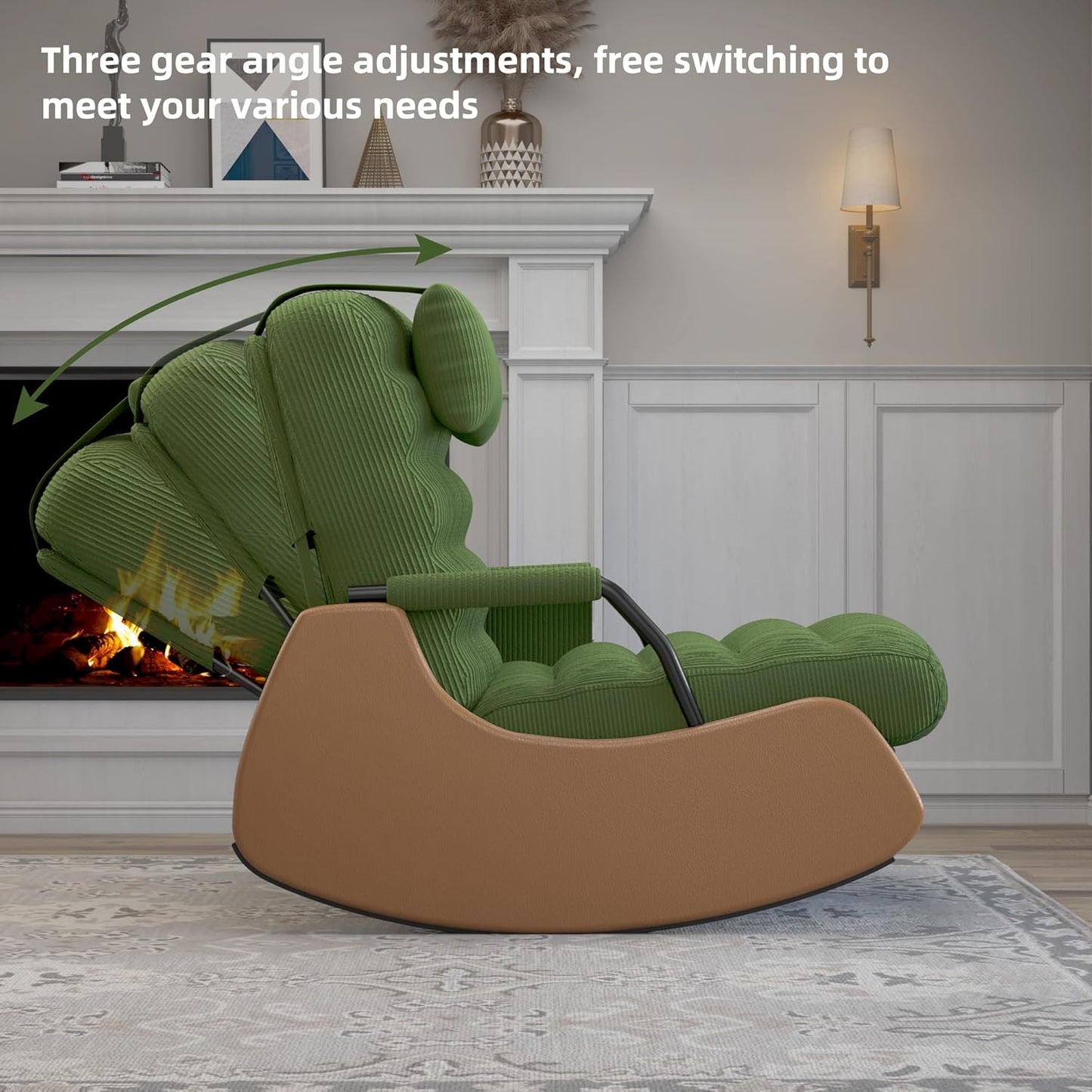 Polar Aurora Nursery Rocking Chairs with Soft Seat and Headrest,Corduroy Fabric Accent Chair with Side Pocket,Glider Rocking Chair for Bedroom/Living Room/Nursery. (Green/Brown)