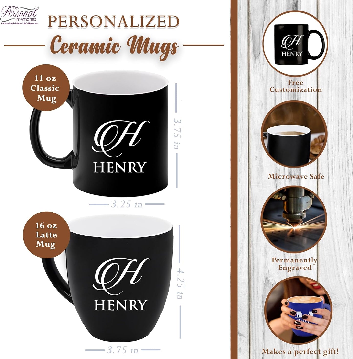 My Personal Memories Custom Monogrammed Coffee Latte Mug and Tea Cup - Personalized and Engraved (Black)
