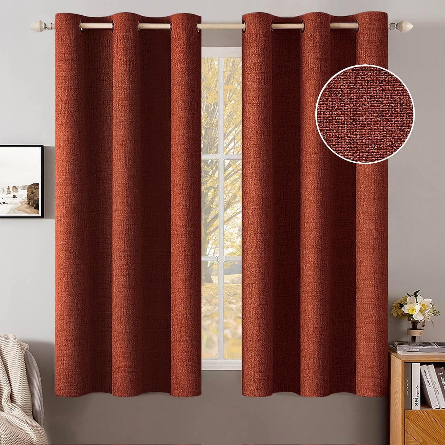 MIULEE Linen Curtains Soild 100% Blackout Thermal Insulated Burnt Orange Fall Curtains Grommet Room Darkening Curtains & Drapes for Living Room Bedroom Nursery 42 x 63, Rust Terracotta (2 Panels)