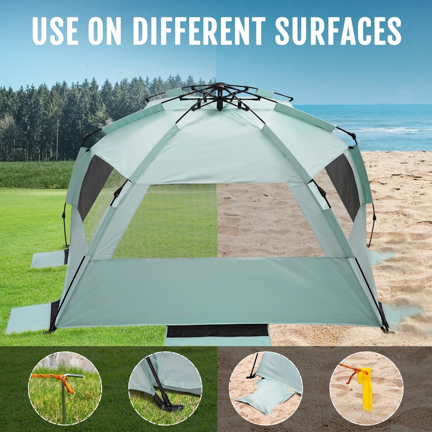 WhiteFang Deluxe Pop Up Beach Tent Sun Shade Shelter for 3-4/5-6 Person, UV Protection, Extendable Floor with 3 Ventilating Windows Plus Carrying Bag, Stakes, and Guy Lines