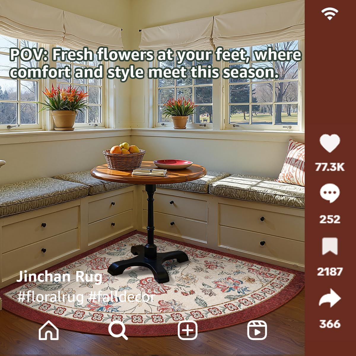 jinchan Floral Corner Rug for Living Room Washable Bedroom Rug Vintage Romance Design Non Slip Quarter Circle Lightweight Low-Pile Throw Carpet for Reading Nook Playroom,7ft Radius, Red/Beige