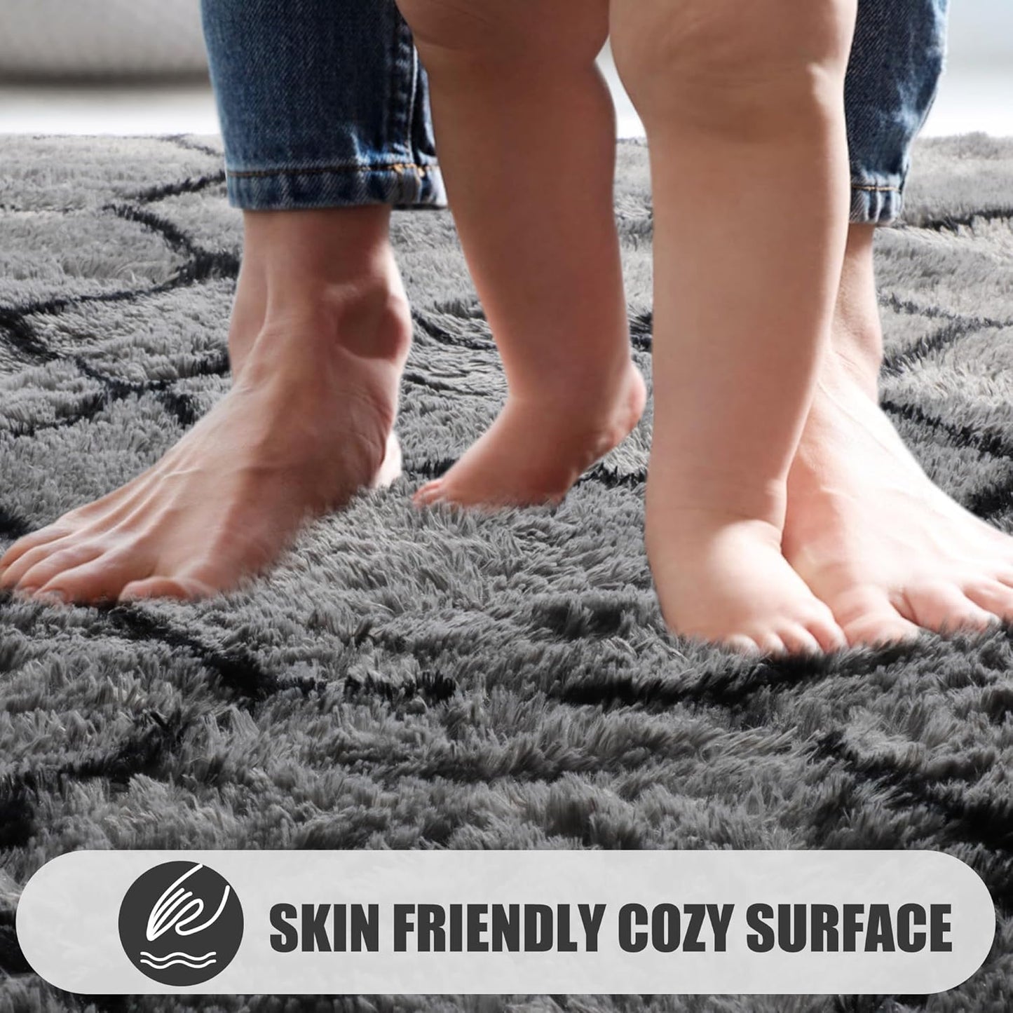 ONASAR Bedroom Living Room Area Rugs 5x8, Grey and Black Geometric Rug Floor Mat for Home Decor Aesthetic, Soft Shaggy Plush Fluffy Moroccan Carpet for Teen Nursery Playroom Dorm Classroom