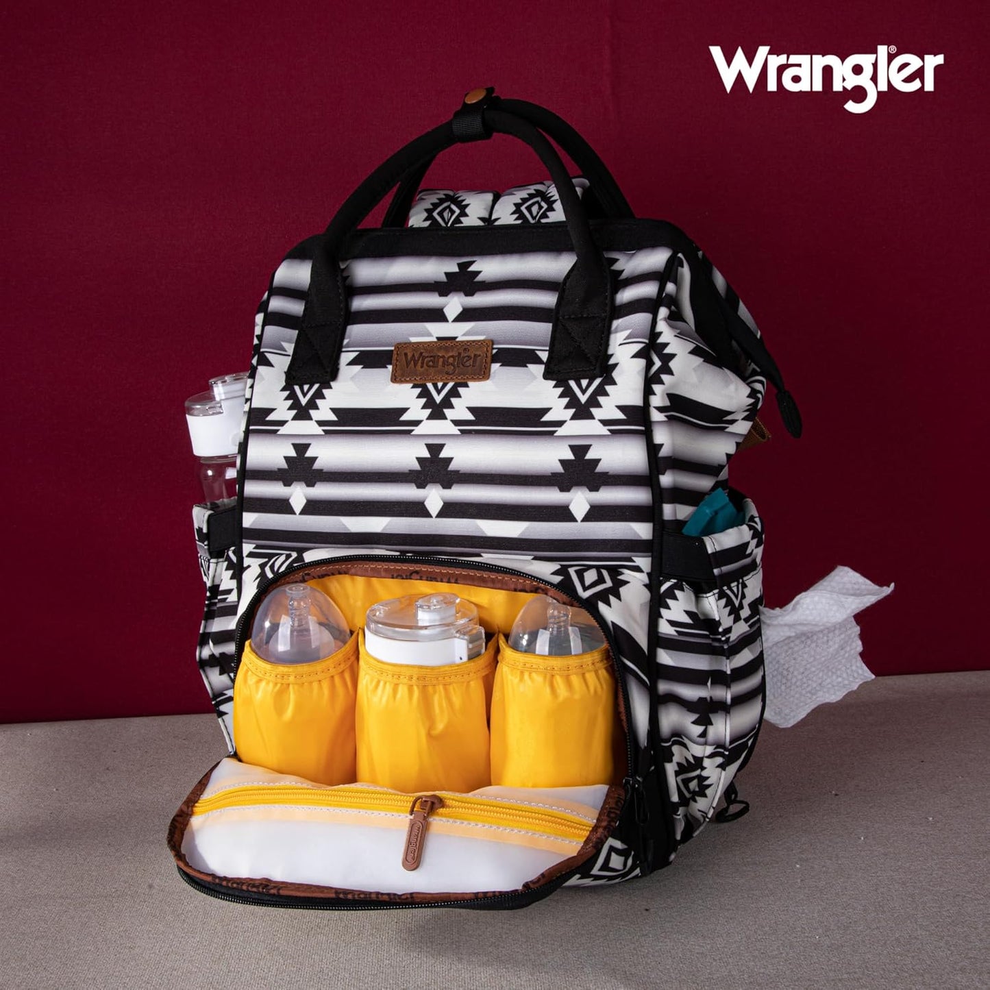 Wrangler Diaper Bag Backpack Aztec Travel Backpack Purses Western Multi-Function Baby Bags for Mom with Waterproof Insulated Pockets