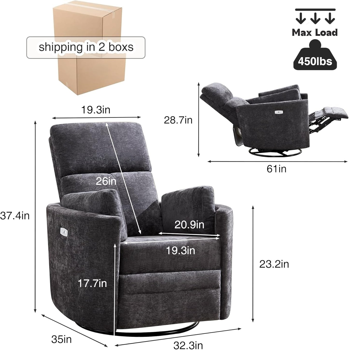 Recliner Swivel Glider Electric Rocking Chair with USB Port,Upholstered High Back Nursery Rocking Chair,Adult Power Recliner Chair with 2 Pillows for Living Room Bedroom(DRAK Grey, Power-Driven)