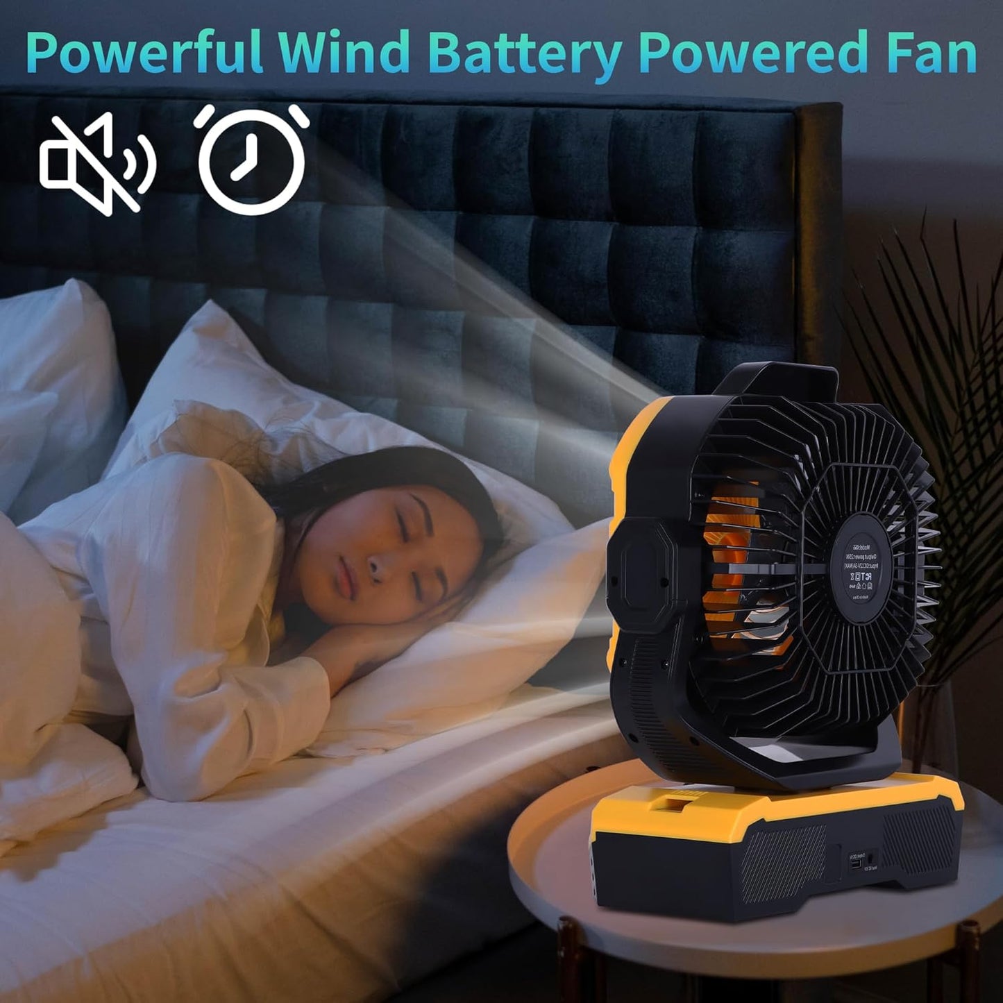 Battery Powered Fan Powerful Airflow Battery Operated Air Circulator Fan for Bedroom,Quiet & 360°Auto Oscillating Rechargeable Camping Fans with LED Light (RGBW) X66 Yellow