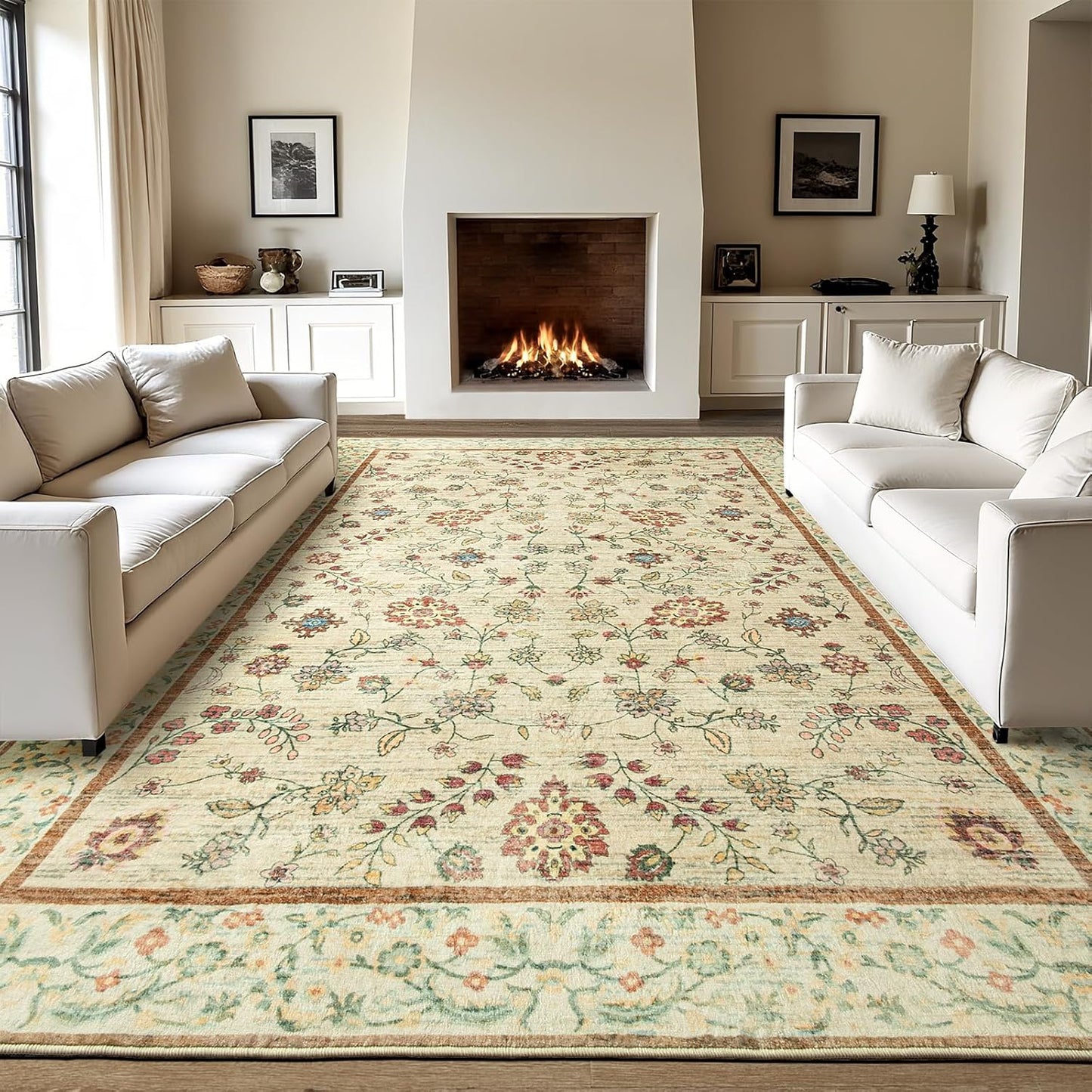 LOCHAS Washable Area Rugs 8x10, Beige Floral Rug for Living Room Bedroom Non Slip, Ultra Soft Vintage Indoor Carpet for Kids, Nursery, Dorm, Dining Room, Classroom, Boho Flower Home Decor, Low-Pile