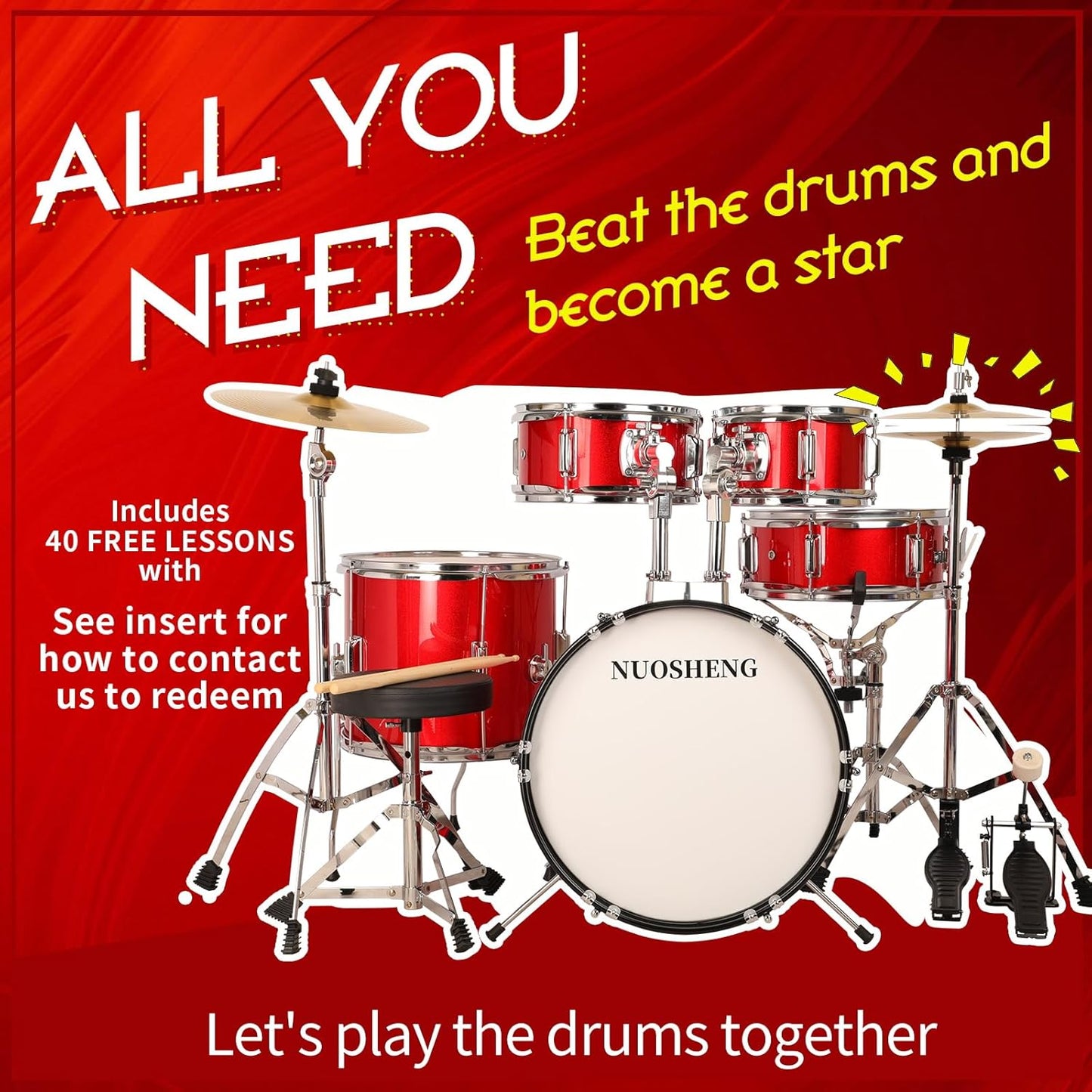 Kids 5-Piece Complete Junior Drum Set with Genuine Brass Cymbals with 16" Bass Drum, Tom-Tom, Snare, Cymbals, Hi-Tone Drum, Drum Sticks, Base Pedal and Adjustable Throne, Beginner Set Red