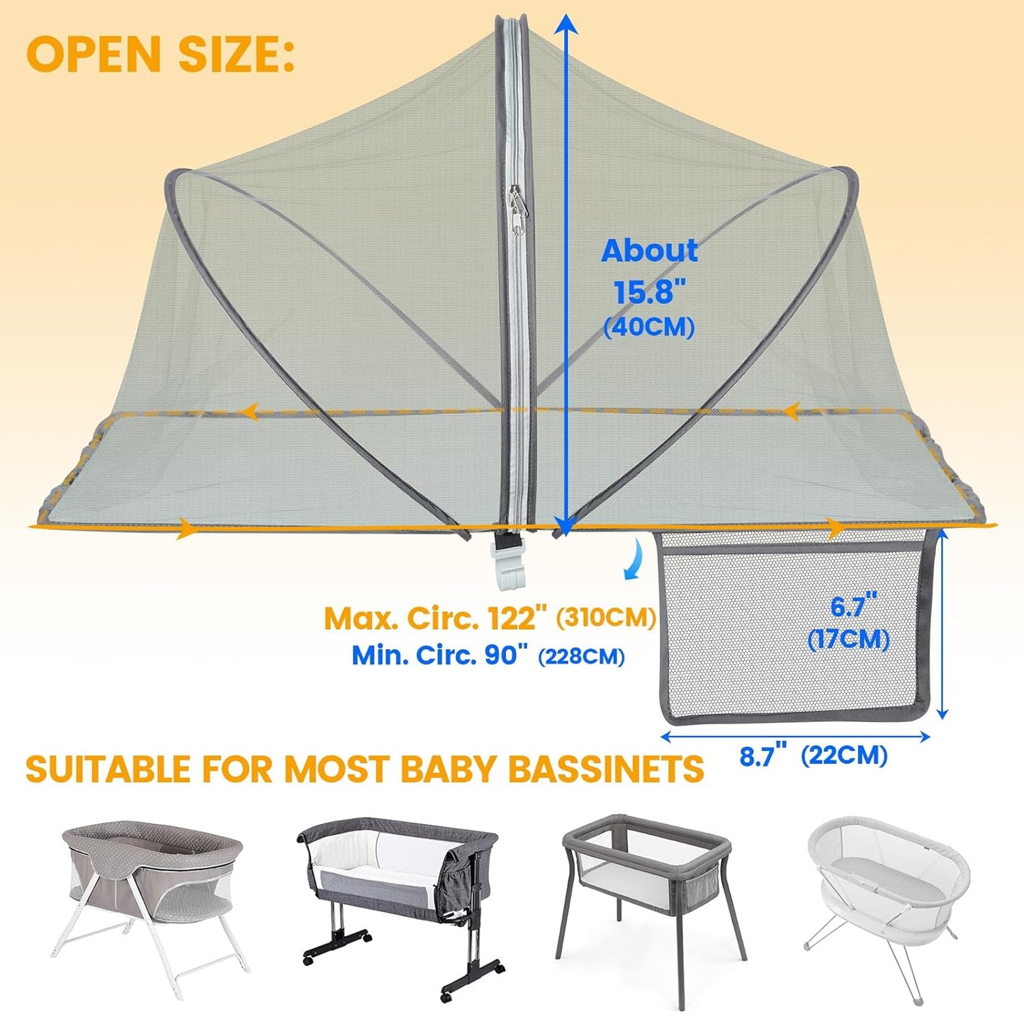 Orzbow Bassinet Cover to Keep Cats Out, Toddler Mosquito Net for Bassinet with Two-Way Zippers & Storage Bag - Infant from Mosquito Bites and Falling Protection, Gray
