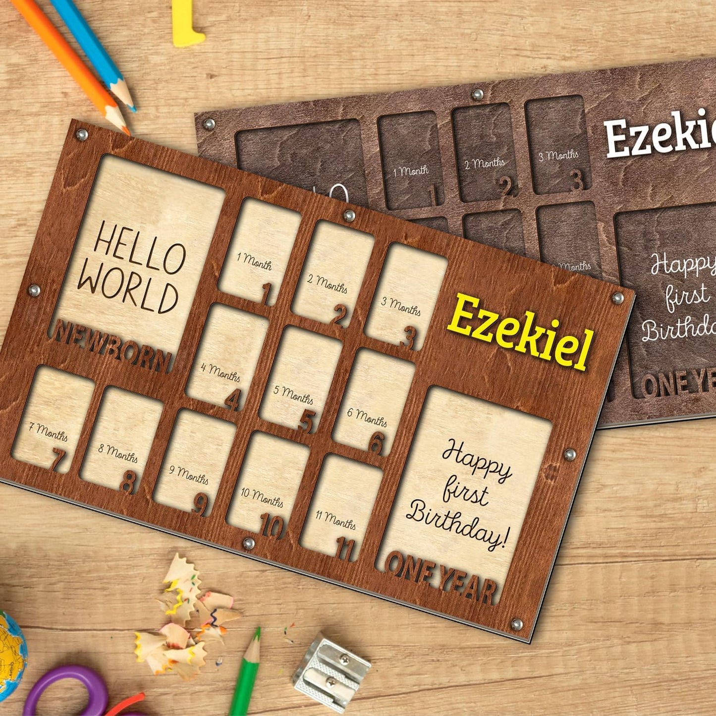 Personalized My First Year Photo Frame | 12 Months Picture Frame For Baby First Year | Displays Two 4x6 Photo and Twelve 2x3 Pictures | Birthday Party Decor Newborn Memory Keepsake, Style MP6