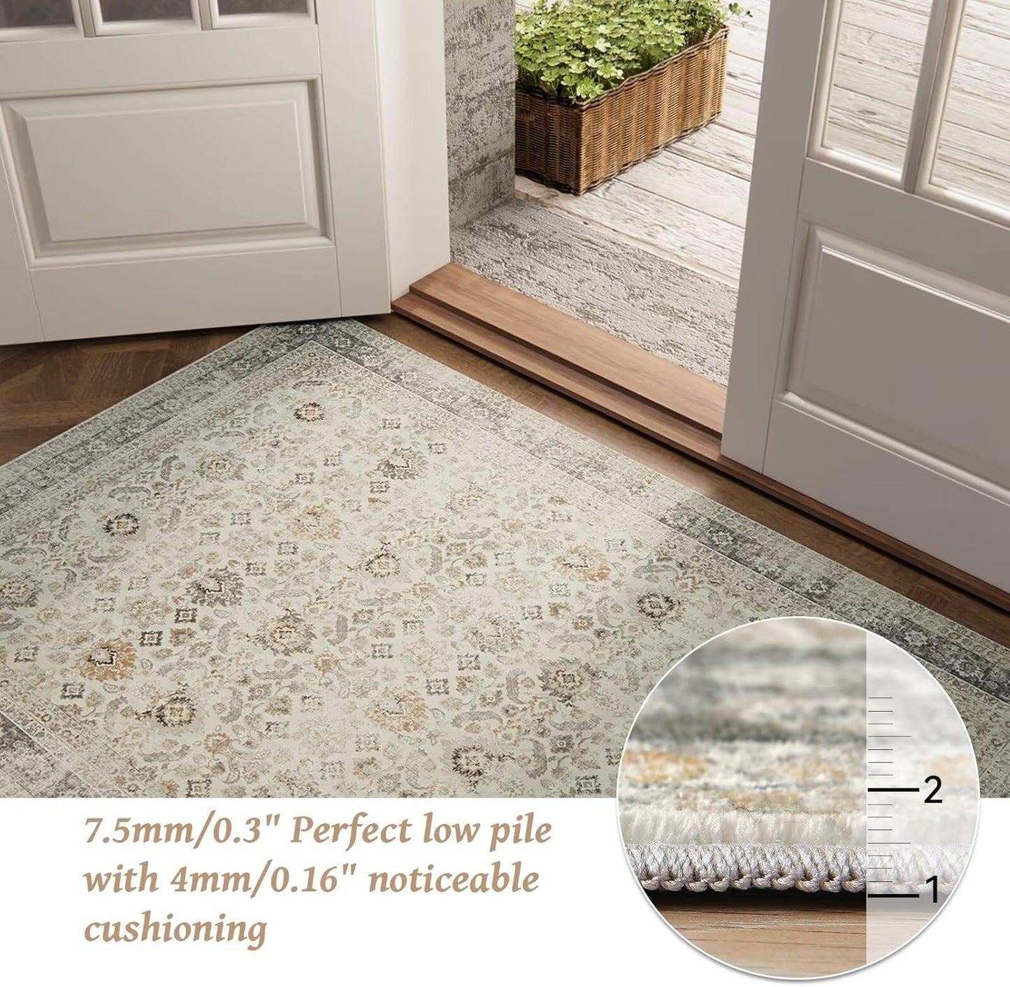 Washable 8x10 Area Rugs for Living Room, Boho Non-Slip Silicone Backing Rugs for Bedroom Dining Room Nursery Office, 0.3" Neutral Oriental Throw Carpet with 0.16" Cushioning Pad, Grey/Multi