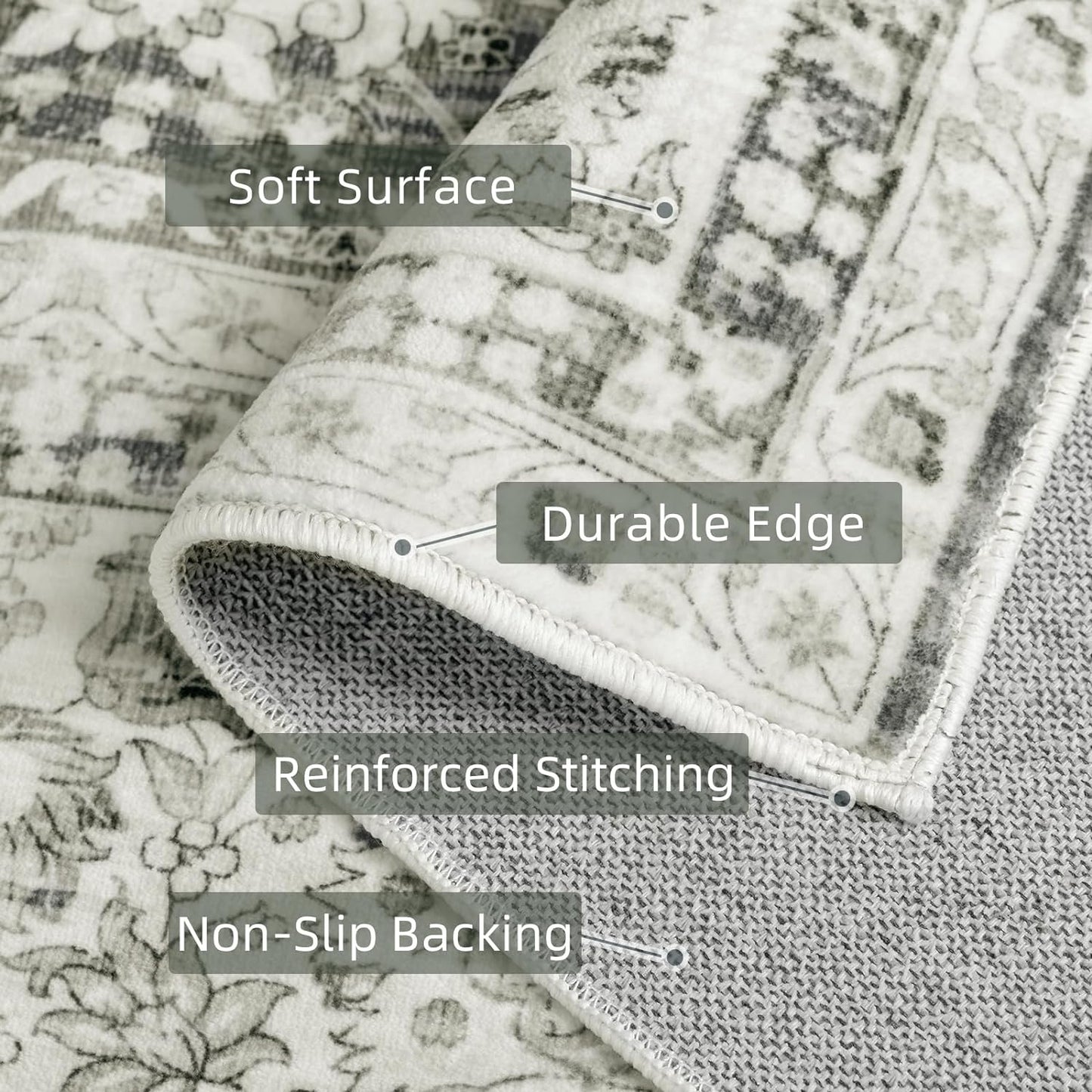 Deerly Washable Rug 5x7 Area Rugs for Living Room, Non Slip Large Rug for Bedroom Dining Room, Low-Pile Kid & Pet Friendly Distressed Carpet Print Floor(Cream)