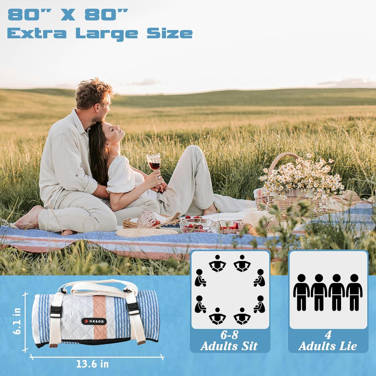 Waterproof Picnic Mat, Outdoor Camping Oversized Field Blanket. Portable Thickened Camping Blanket, Suitable for Beach, Camping, Music Festival, Party, Outdoor Adventure. (Yellow&Blue&White, 80”x80”)