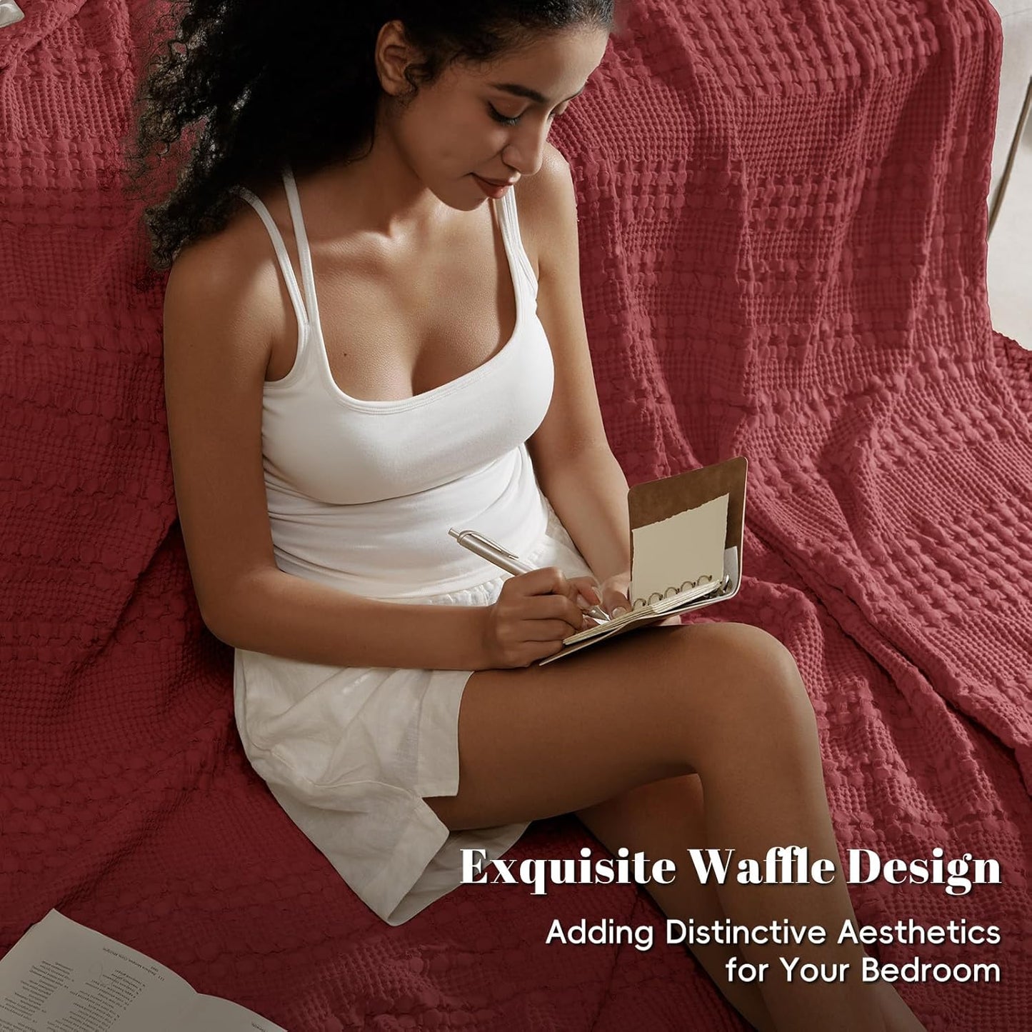 PHF 100% Cotton Waffle Weave Blanket Queen Size, Soft Lightweight Breathable Cozy Summer Blankets for Bed, Luxury Aesthetic Woven Bedding for Home Decor, 90"x90", Wine Red