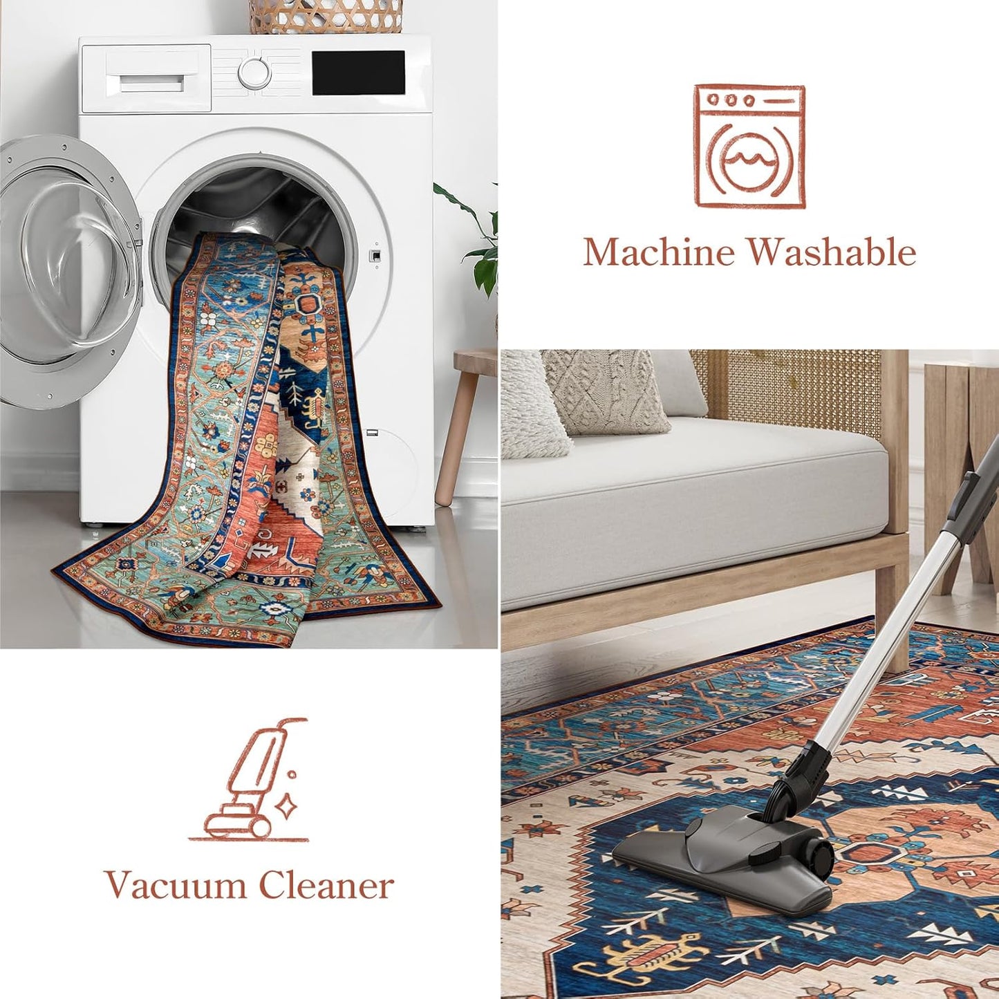 Lahome 8 x 10 Area Rugs for Living Room - Boho Washable Non-Slip Backing Large Rug Ultra-Thin Stain Resistant Dining Room Rugs for Under Table, Oriental Print Carpet Rugs for Bedroom (Rust, 8'x10')