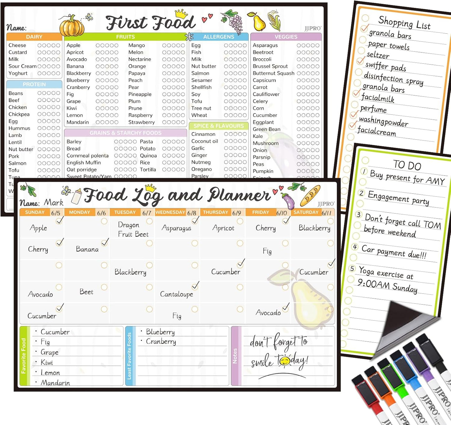 JJPRO Baby First Foods Tracker Fridge Magnet, Daily Food Log Meal Planner, 100 Foods Before 1 Checklist, Baby Daily Log Whiteboard, First Food Tracker for Refrigerator