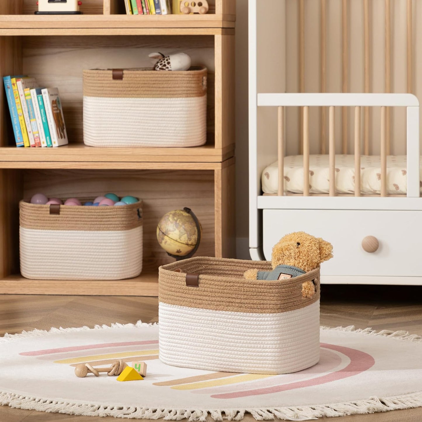 UBBCARE 2 Pack Baskets for Organizing, Woven Storage Baskets with Label for Toys and Towel, Rectangle Cotton Rope Basket with Handles, 15''L x10''W x9''H, Jute&White