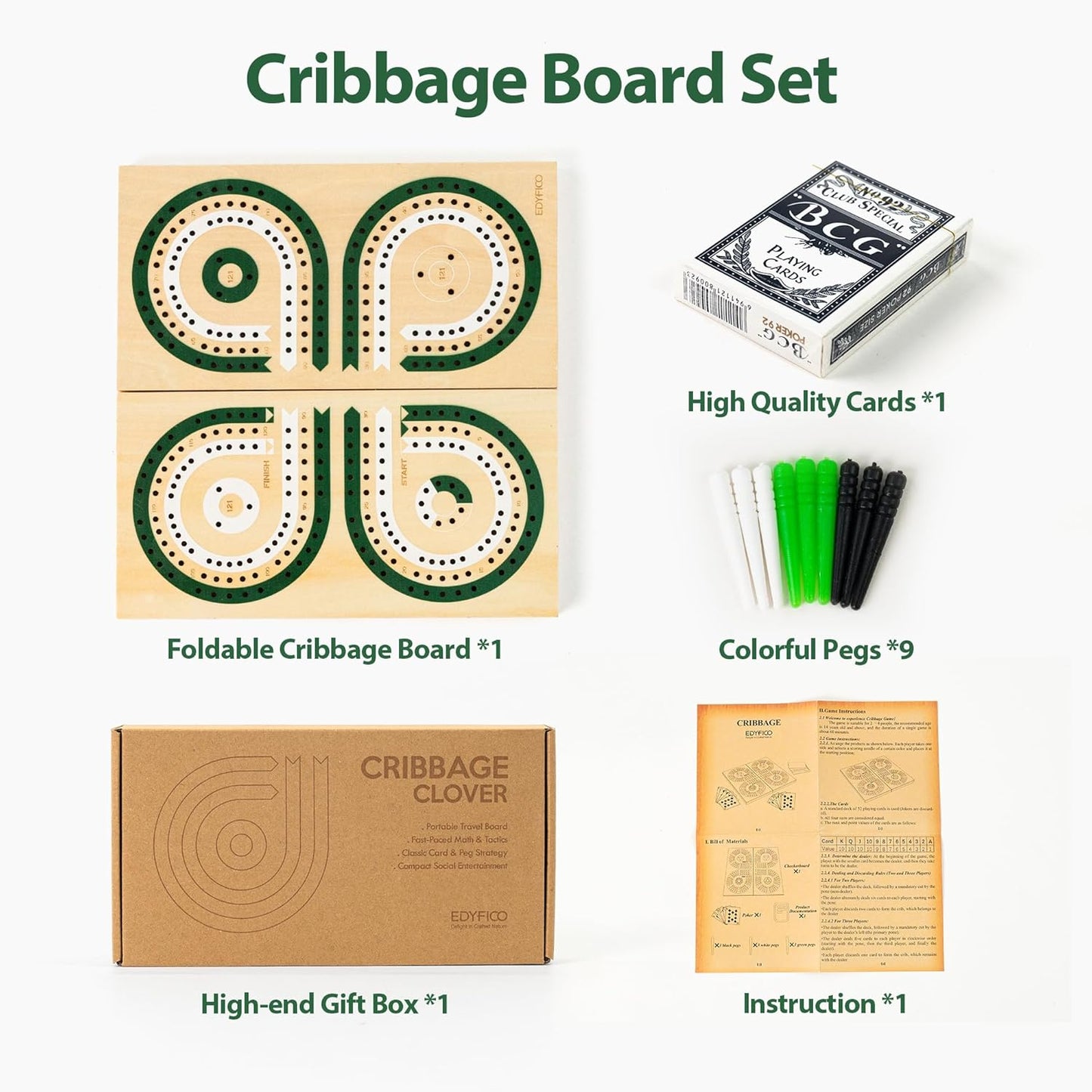 Foldable Wooden Cribbage Board Set, Unique 3-Track Travel Board with Storage & Magnetic Closure, 9 Multi-Colored Pegs, Full Playing Card Deck, Portable Family Game for Adults, Kids, Gatherings & Gifts