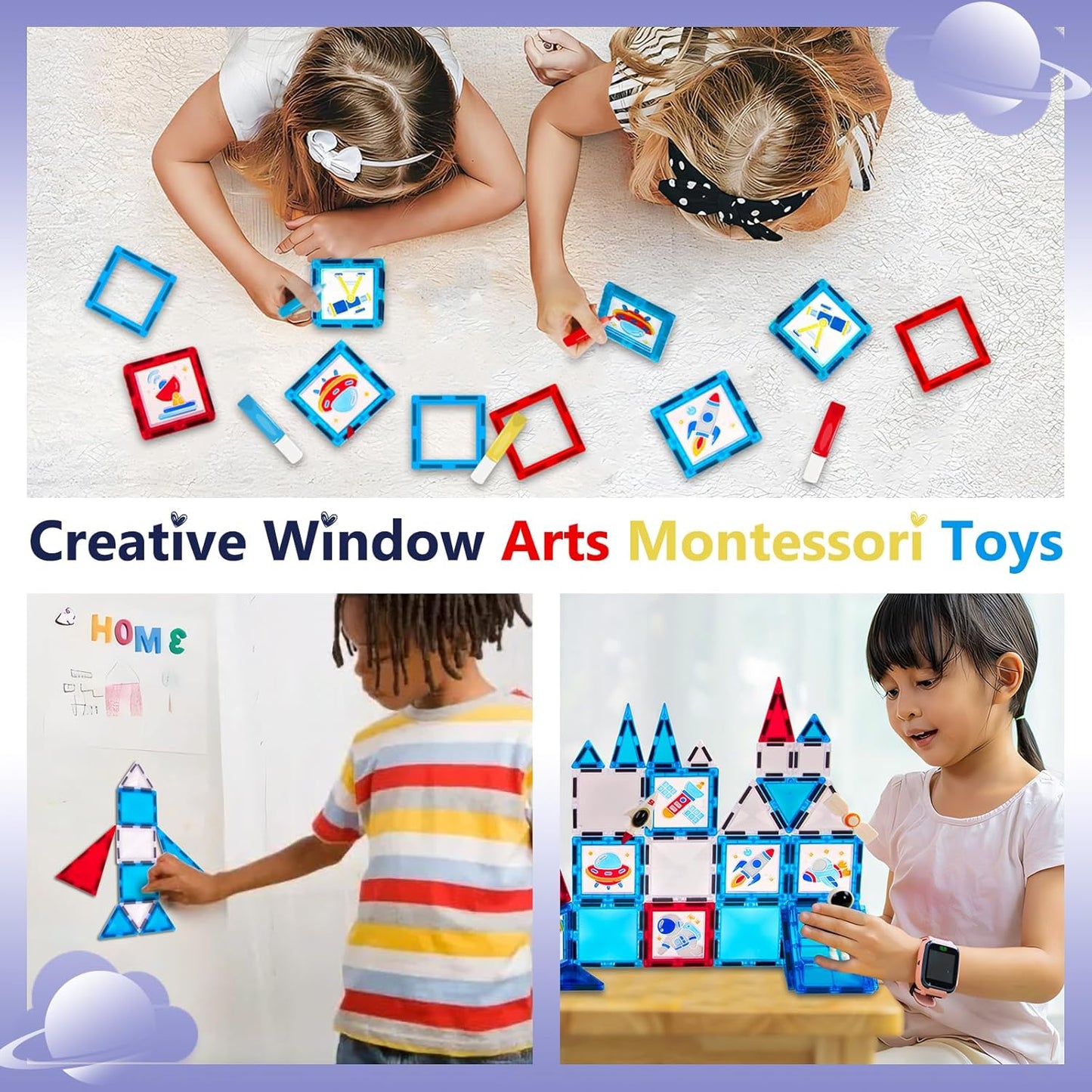 Magnetic Tiles - 58 Pcs Space Magnets Building Blocks Set - Sensory Travel Toys for Toddler - STEM Construction Playboards Stacking Toy - DIY Window Art - Birthday Gifts for Boy, Girl, Kids Ages 3-12