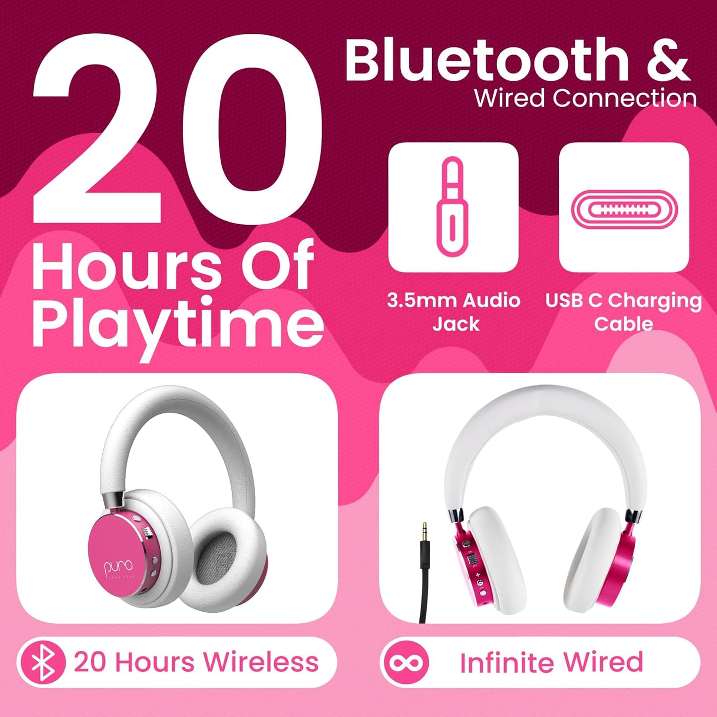 Puro Sound Labs BT2200 Plus Kids Bluetooth Headphones – Volume-Limiting 85dB, Studio-Grade Audio, Over-Ear & Comfy Design, 20-Hour Battery Life, Easy to Connect Wireless Headphones for Kids, Pink