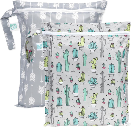 Bumkins - Waterproof Wet Bag - For Baby, Travel, Swim Suit, Cloth Diapers, Pump Parts, Pool, Gym, Toiletry, Strap to Stroller - Reusable & Easy to Clean - 2pk - Cactus & Arrows