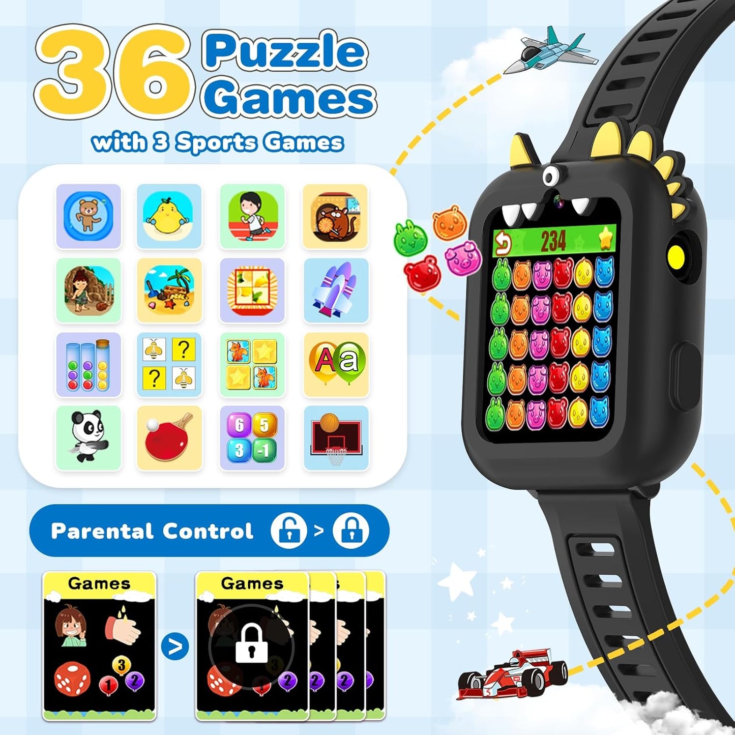 Smart Watch for Kids with 39 Games Camera Video Recorder Music Alarm Calculator Calendar Flashlight Parental Control Pedometer, Gift Toys for 4-12 Years Old Boys and Girls (Black)