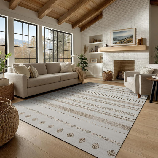Washable 6x9 Area Rug for Living Room, Boho Carpet for Bedroom Dining Room, Non Slip&Non-Shedding Resistant Low Pile Vintage Print Rug for Home Office (Beige)