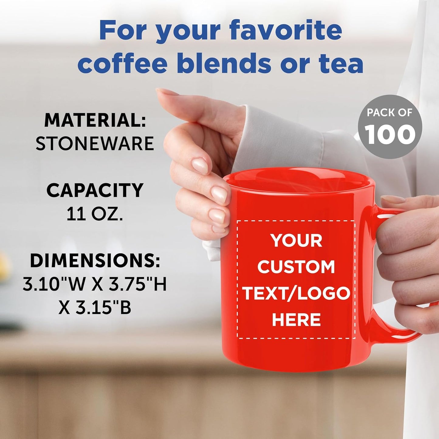 Custom Ceramic Coffee Mugs 11 oz. Set of 100, Personalized Bulk Pack - Coffee cup set, Iced coffee cup, Gaming mug - Red