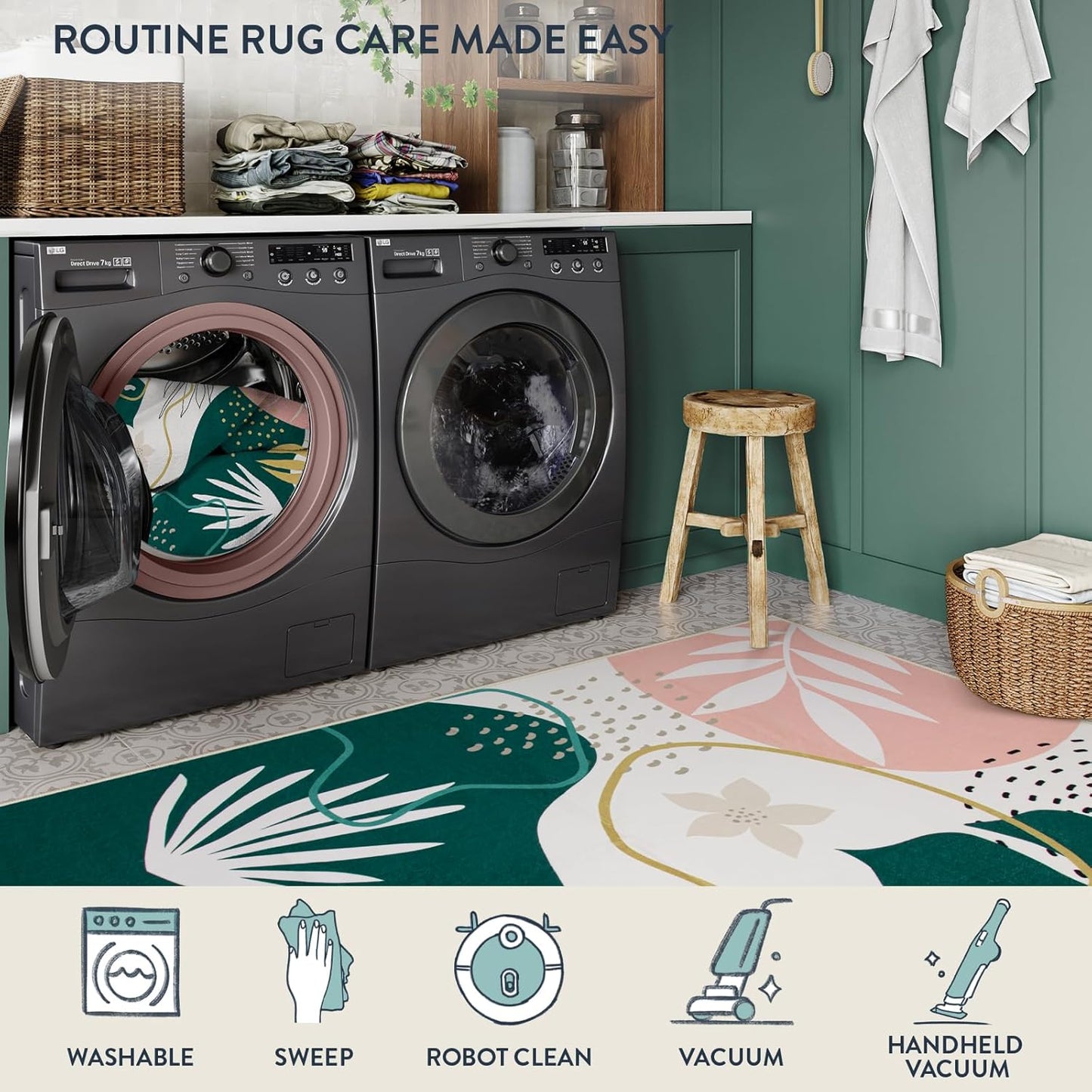 Lahome Area Rugs 4x6 Washable Soft Bedroom Rugs - Non-Slip Ultra-Thin Rugs for Entryway Stain Resistant Floor Rug, Boho Botanical Print Indoor Rug for Living Room Kitchen Office (4'x6',Green/Pink)