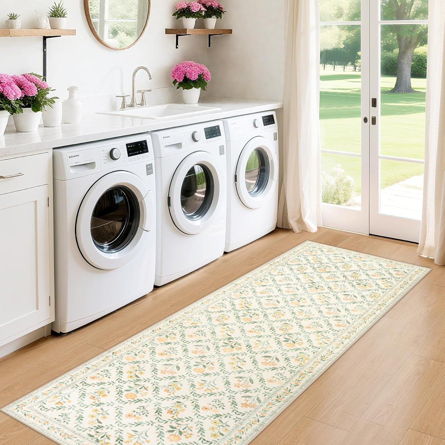 Runner Rug for Entryway: 2.6x8 Kitchen Rugs Non Slip Washable Ultra-Thin Soft Floral Carpet Indoor Floor Stain Resistant Carpets for Hallway Bedroom Kitchen Laundry Bathroom Dorm Beige/Multi