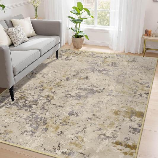 Area Rug 4x6 Washable Beige Rug for Bedroom, Abstract Modern Living Room Rugs Non Slip Low Pile, Carpet for Kitchen, Nursery, Kids Room, Office